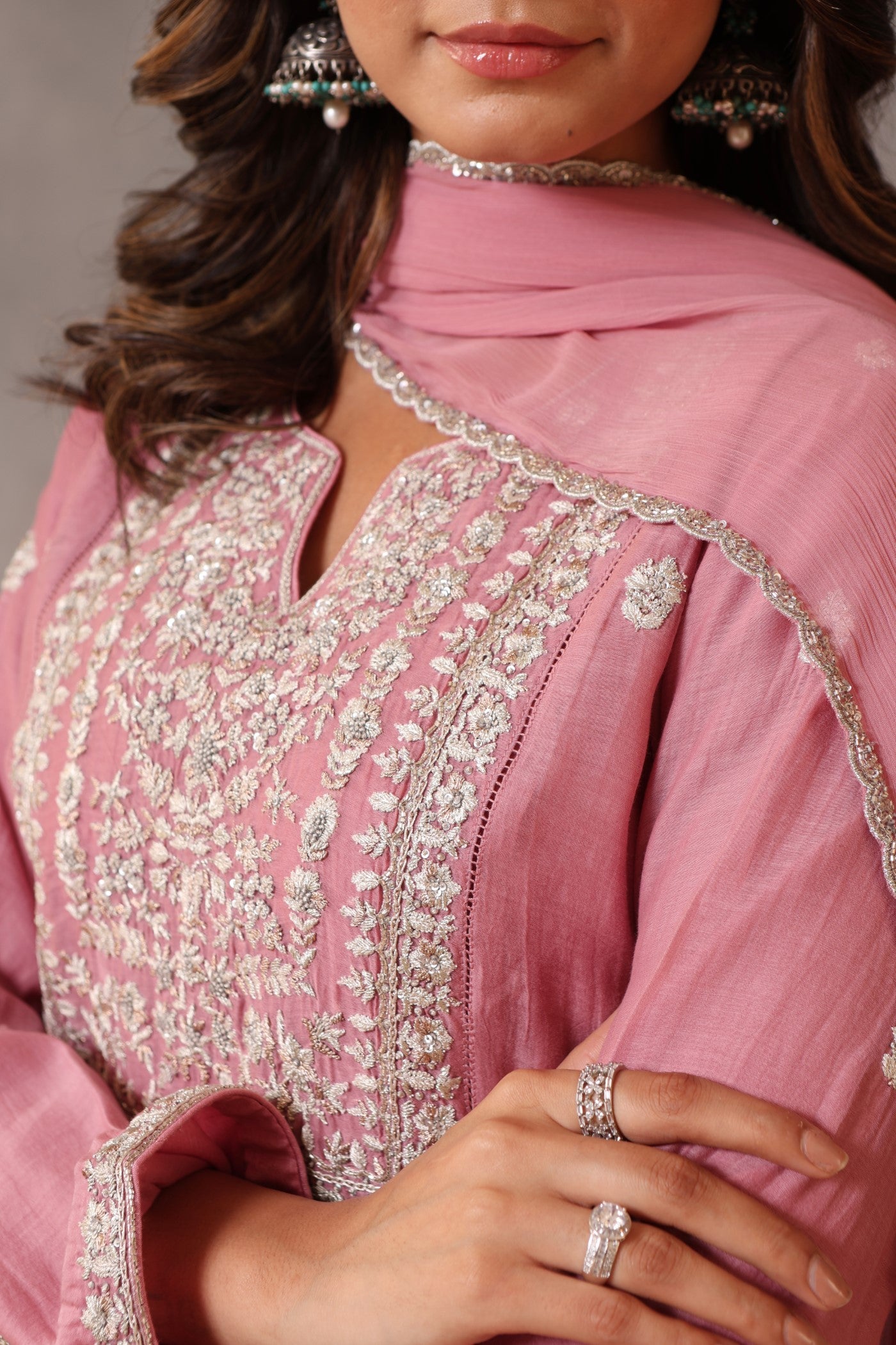 Hand Embroidered Dusty Wild Rose Pure Silk Cotton Kurta Pants Set