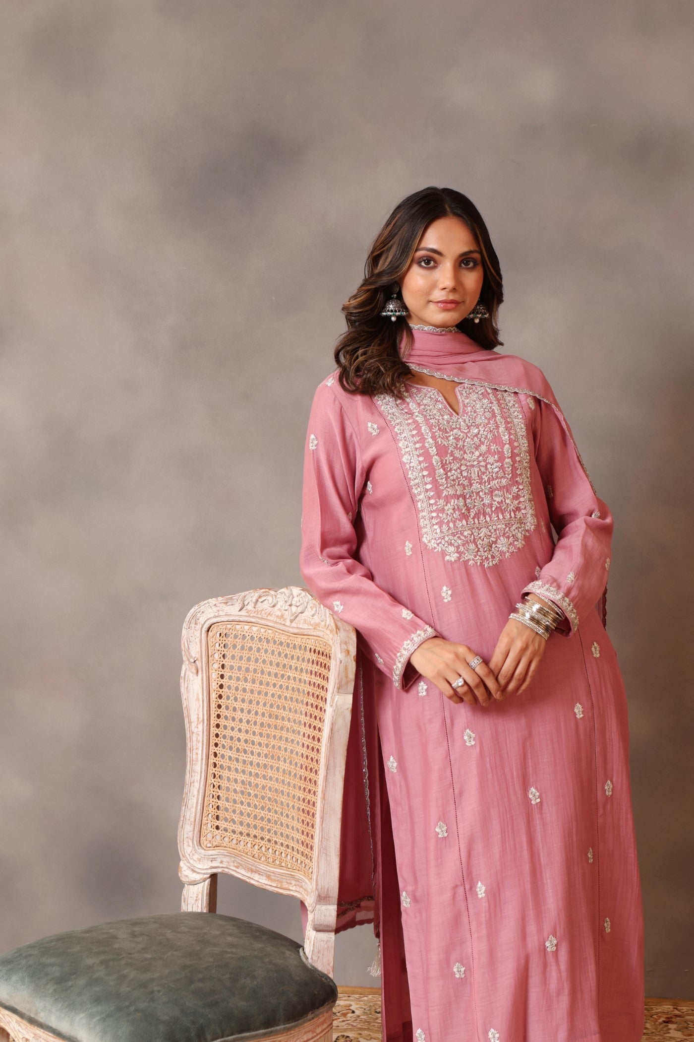 Hand Embroidered Dusty Wild Rose Pure Silk Cotton Kurta Pants Set