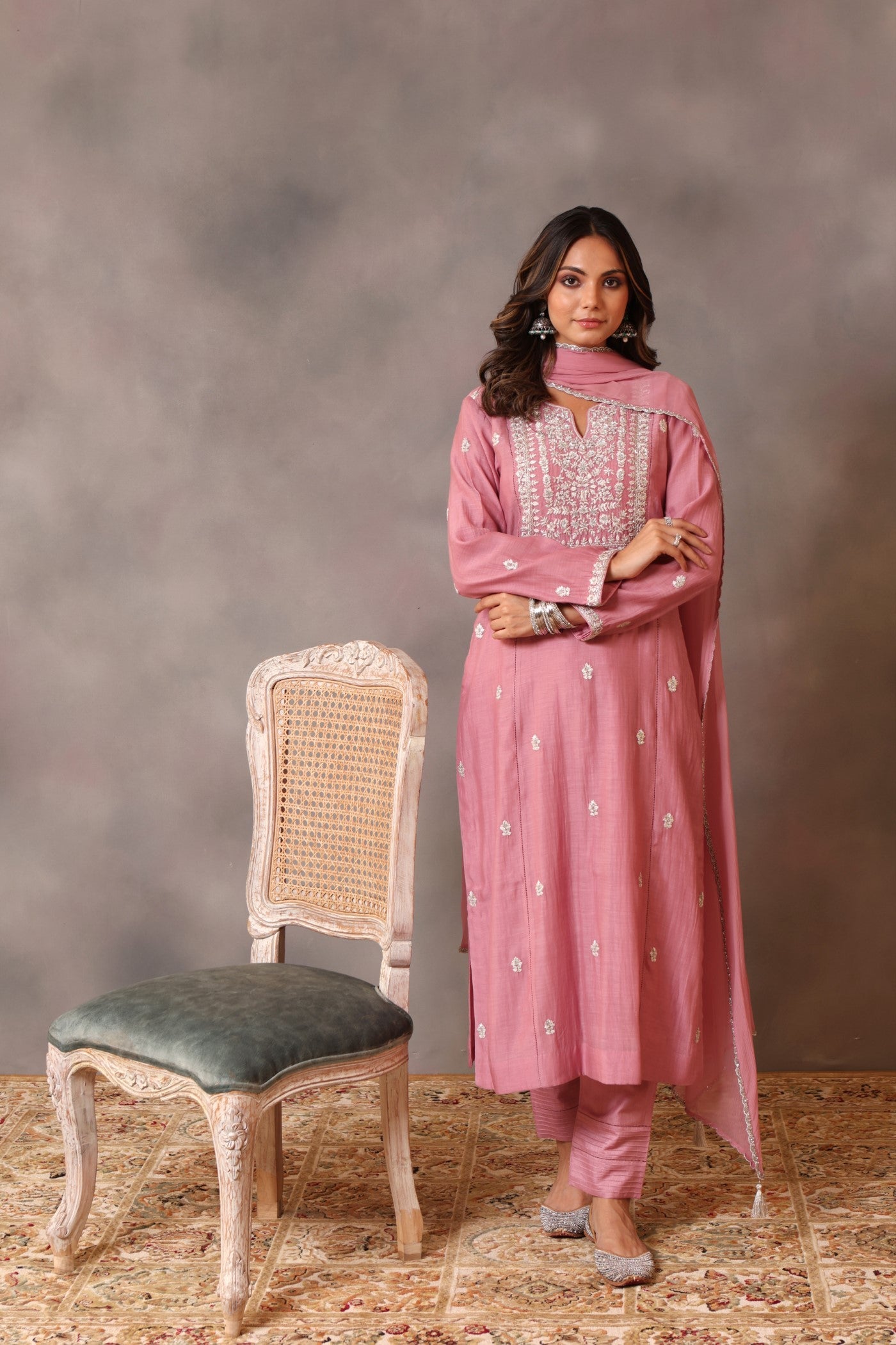 Hand Embroidered Dusty Wild Rose Pure Silk Cotton Kurta Pants Set