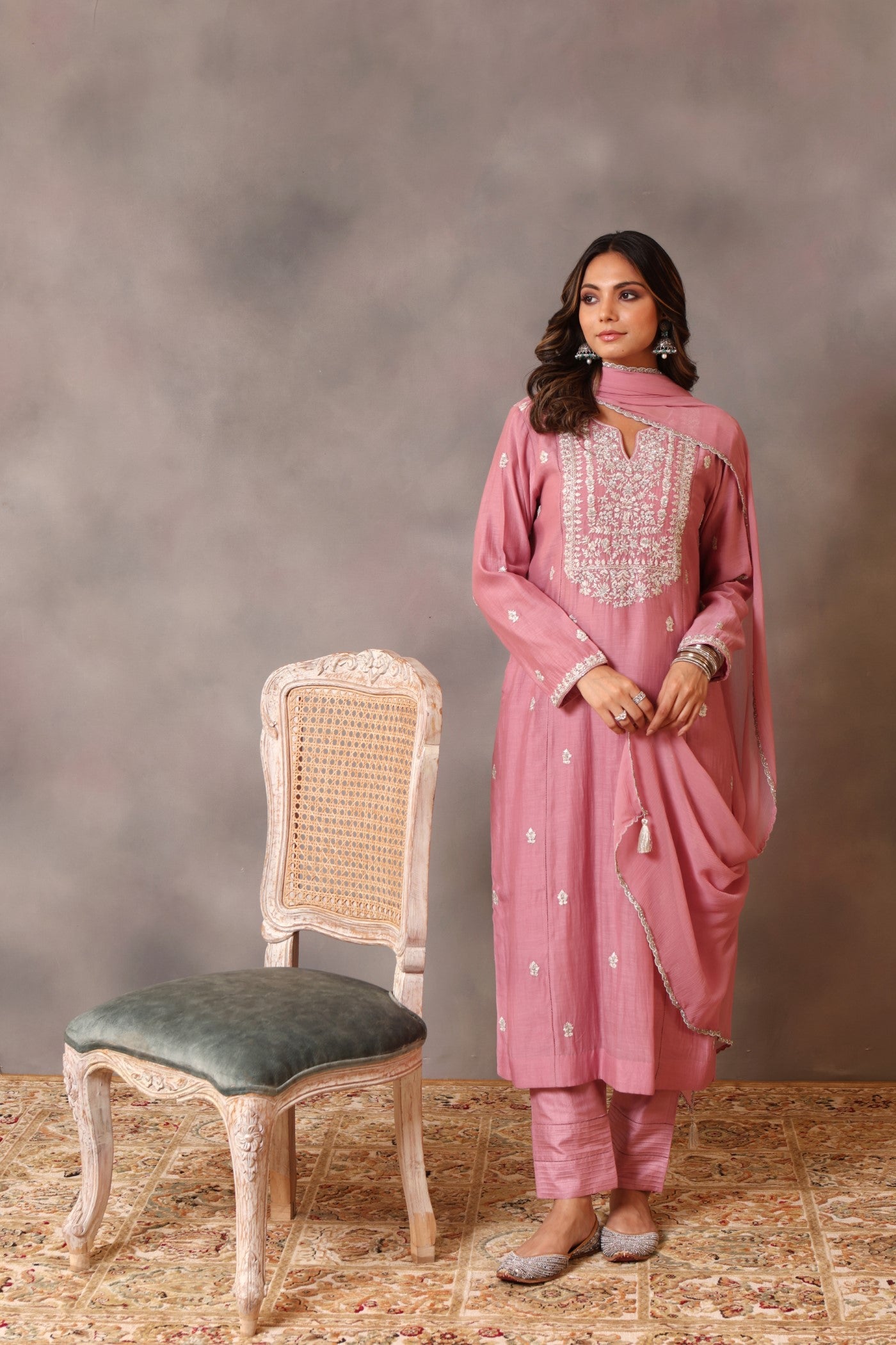 Hand Embroidered Dusty Wild Rose Pure Silk Cotton Kurta Pants Set