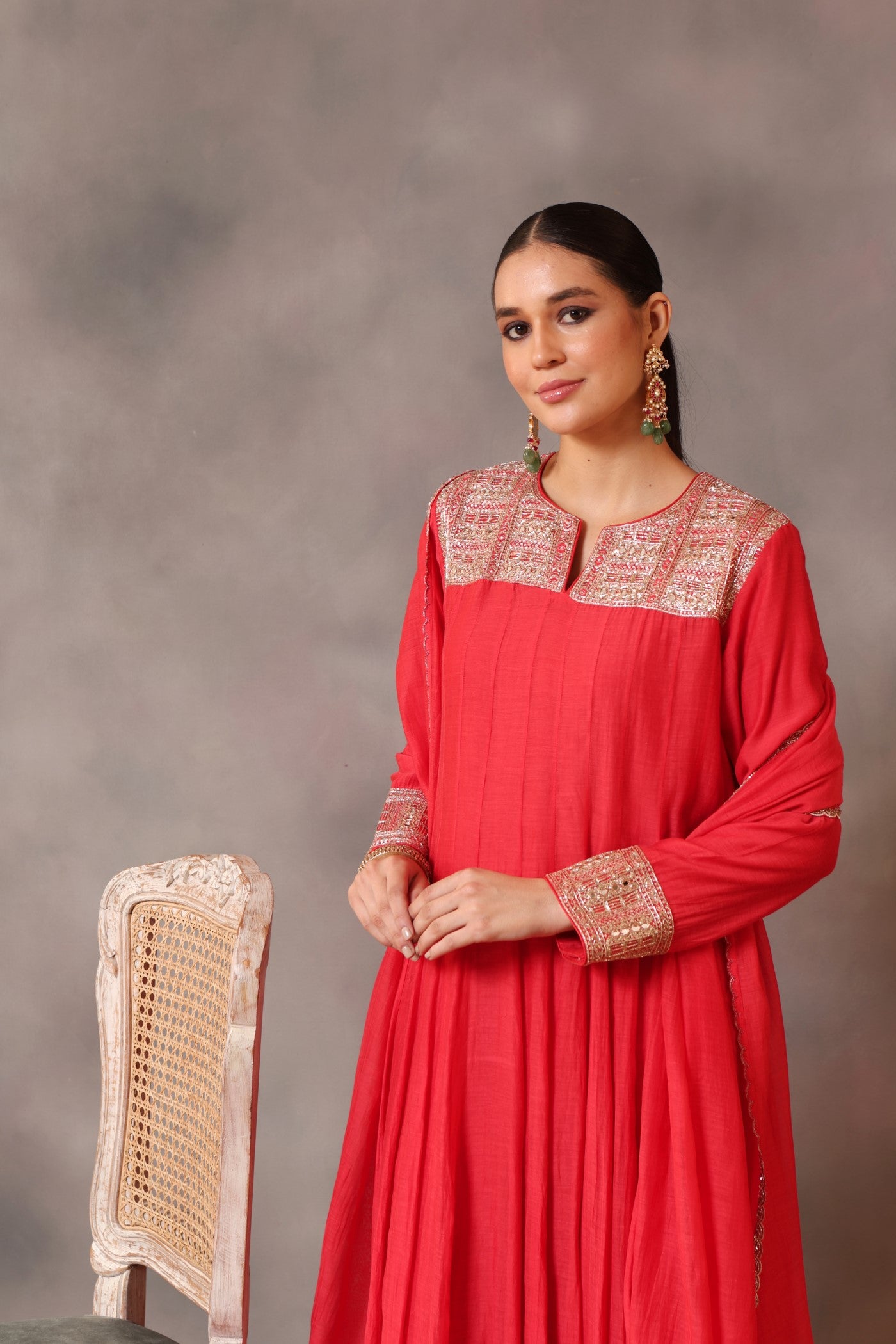 Hand Embroidered Tomato Red Pure Cotton Silk Anarkali Pants Set