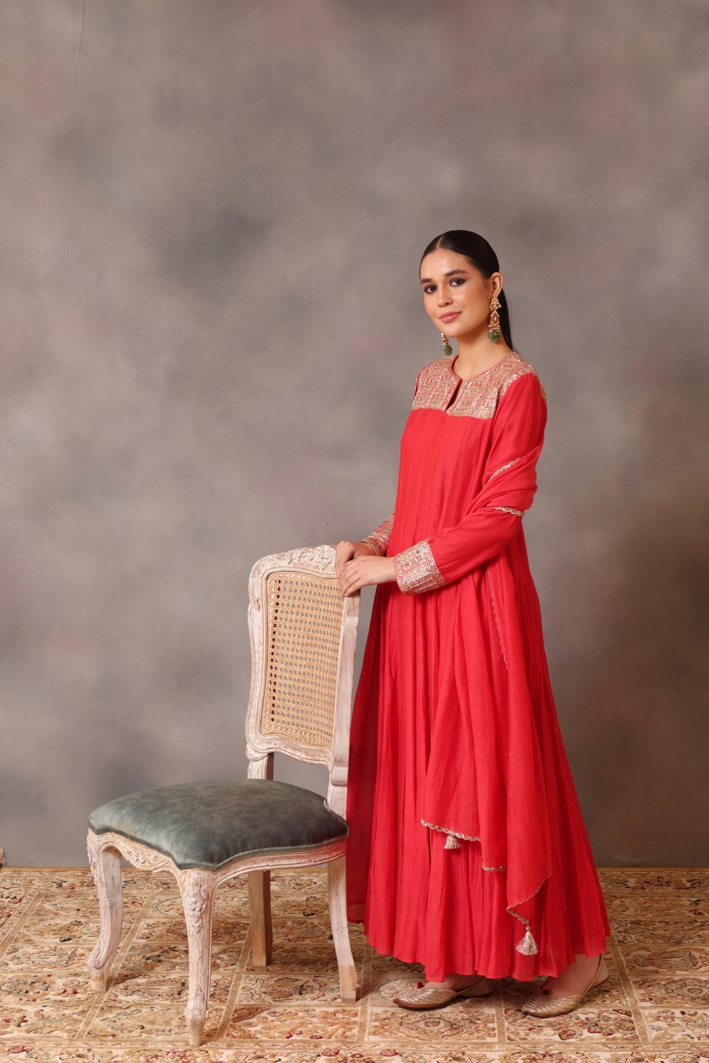 Hand Embroidered Tomato Red Pure Cotton Silk Anarkali Pants Set