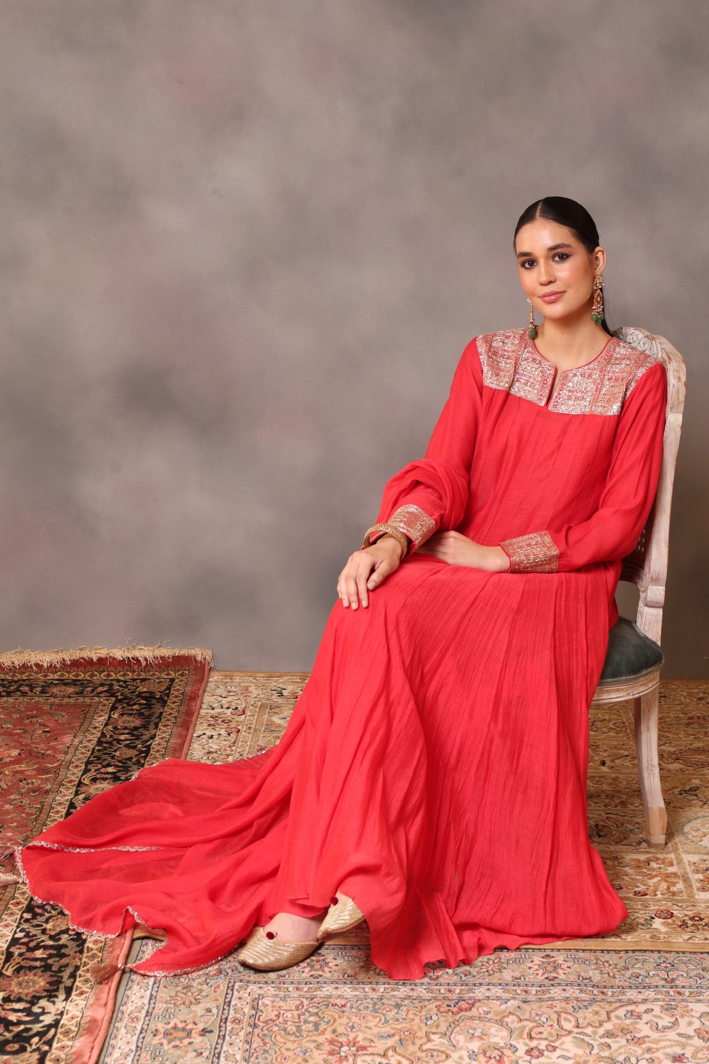 Hand Embroidered Tomato Red Pure Cotton Silk Anarkali Pants Set