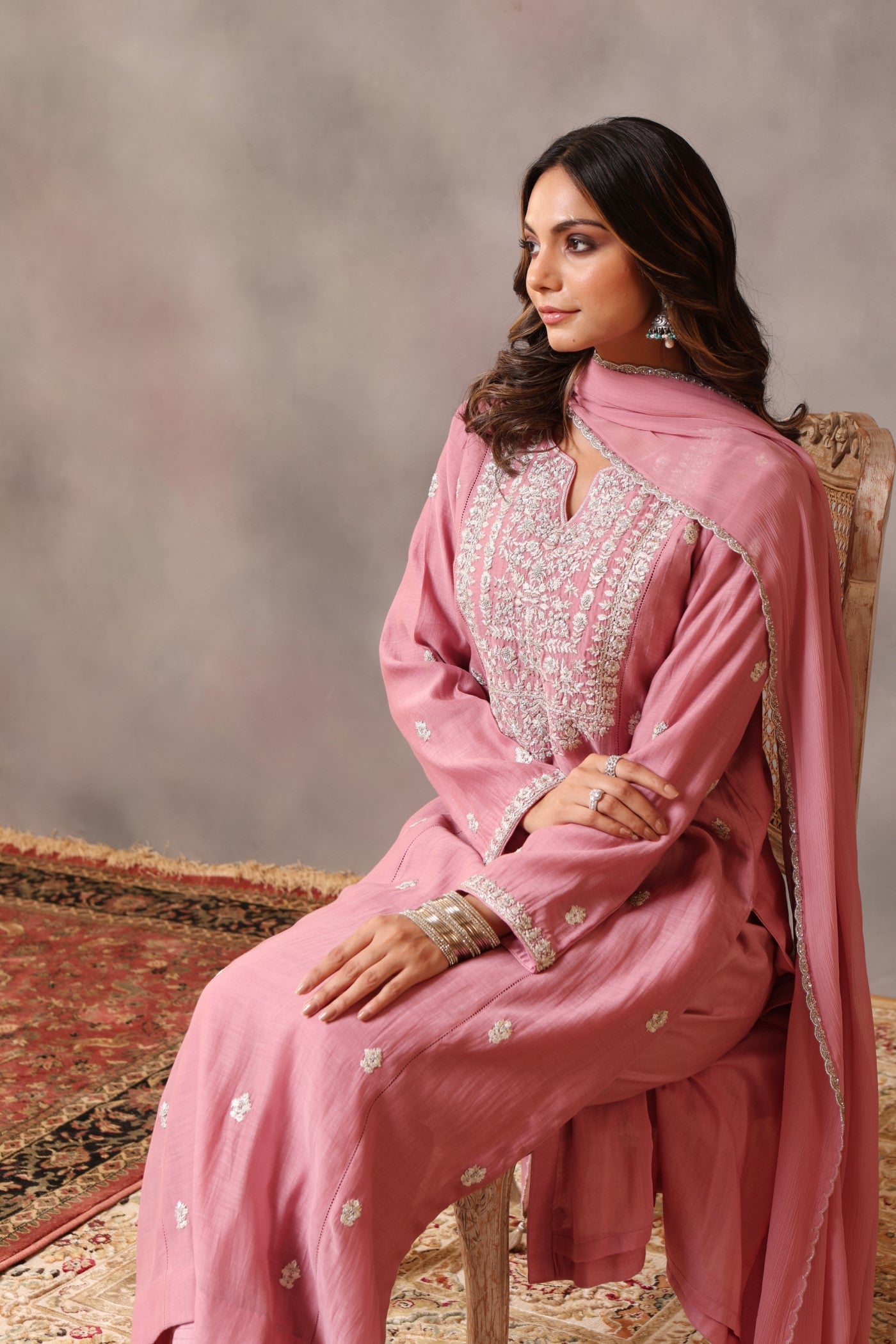Hand Embroidered Dusty Wild Rose Pure Silk Cotton Kurta Pants Set