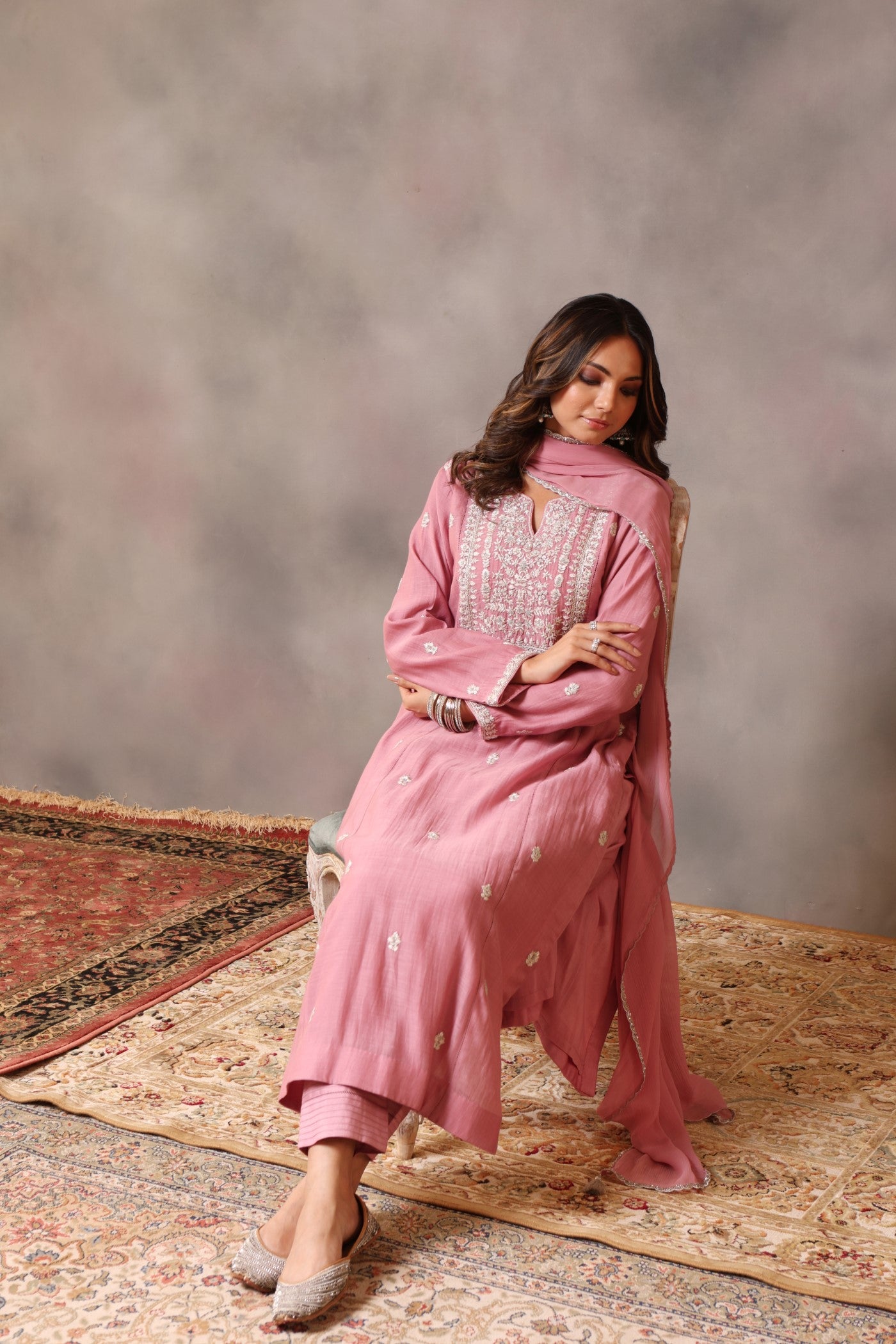 Hand Embroidered Dusty Wild Rose Pure Silk Cotton Kurta Pants Set