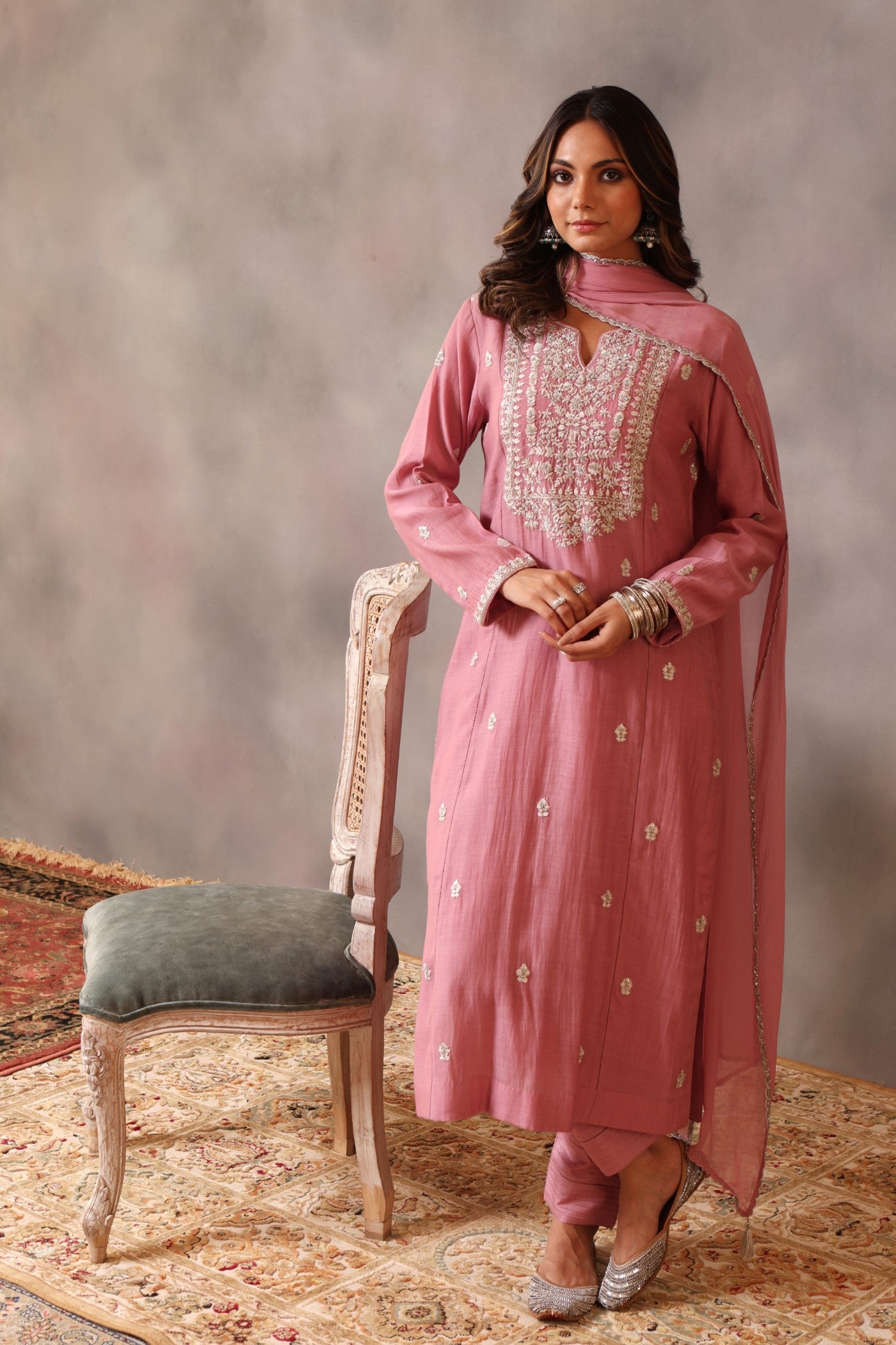 Hand Embroidered Dusty Wild Rose Pure Silk Cotton Kurta Pants Set