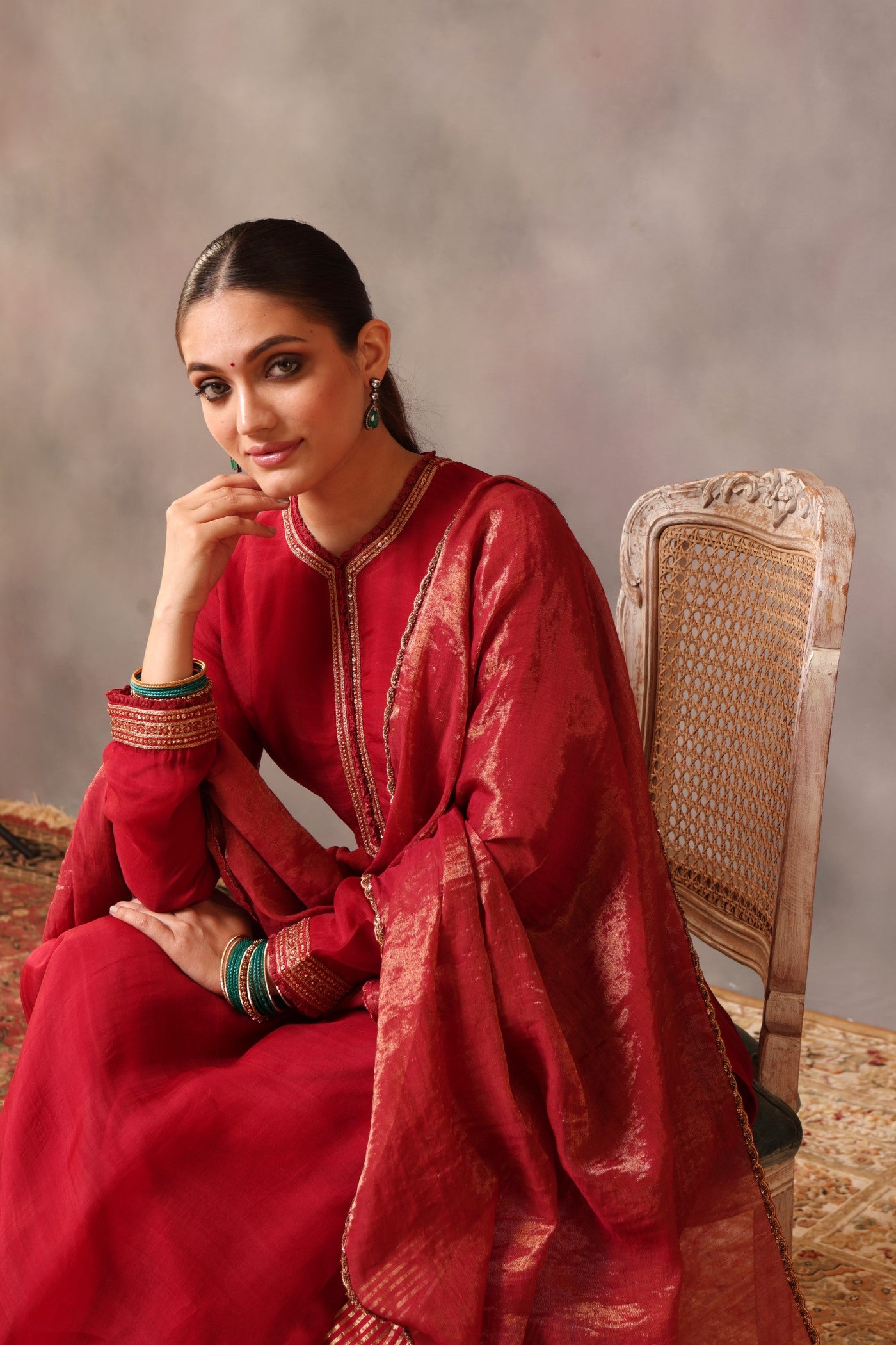 Hand Embroidered Maroon Pure Katan Silk Kurta Sharara Set