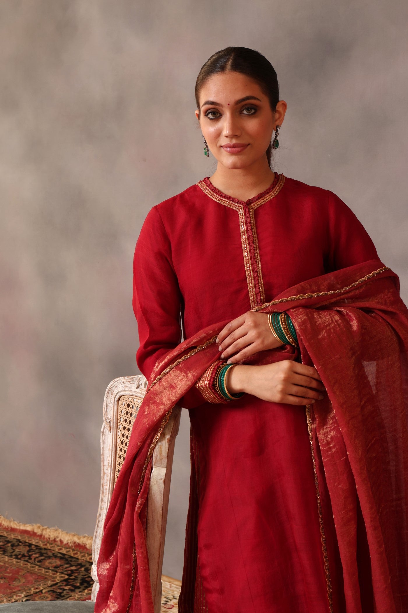 Hand Embroidered Maroon Pure Katan Silk Kurta Sharara Set