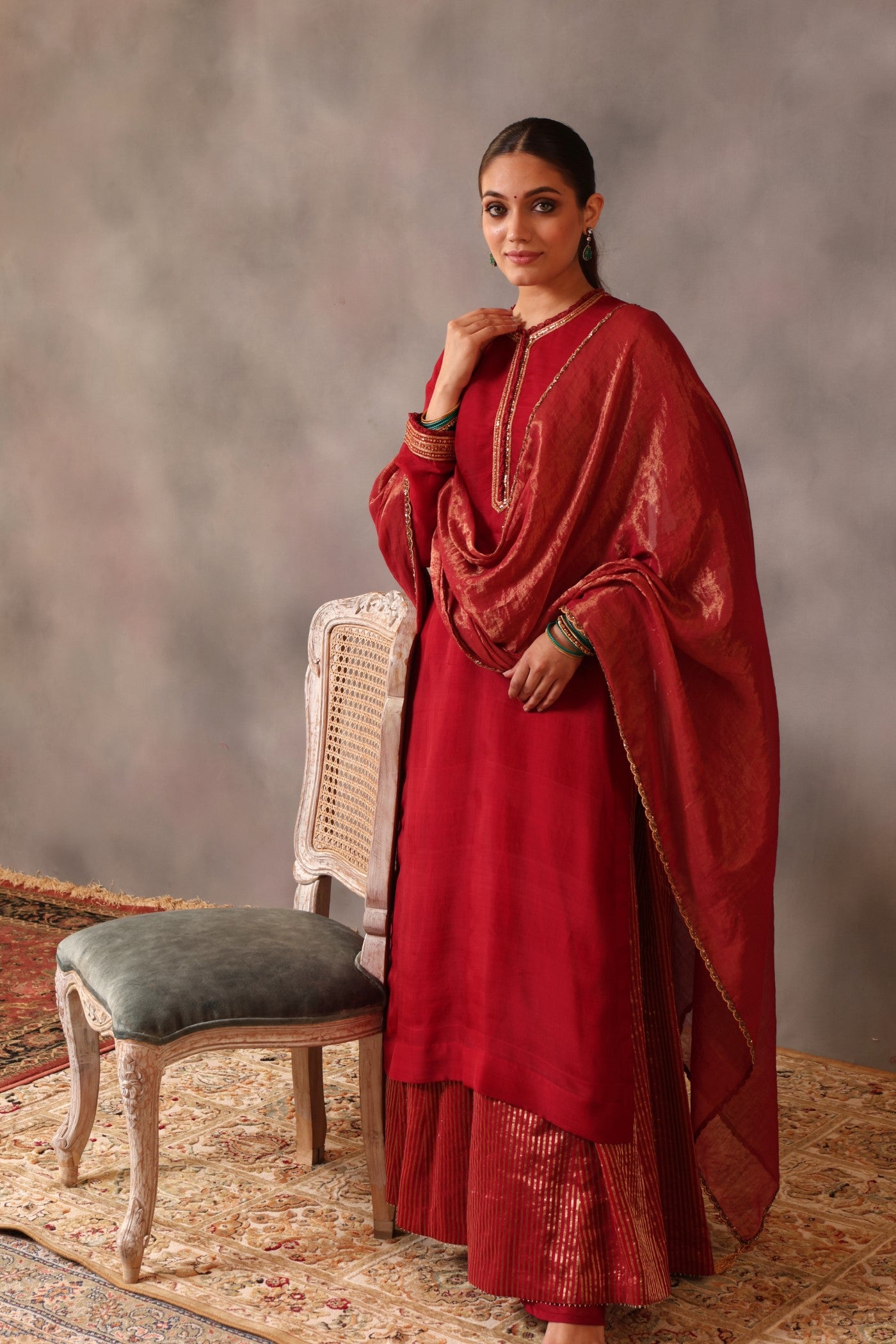 Hand Embroidered Maroon Pure Katan Silk Kurta Sharara Set