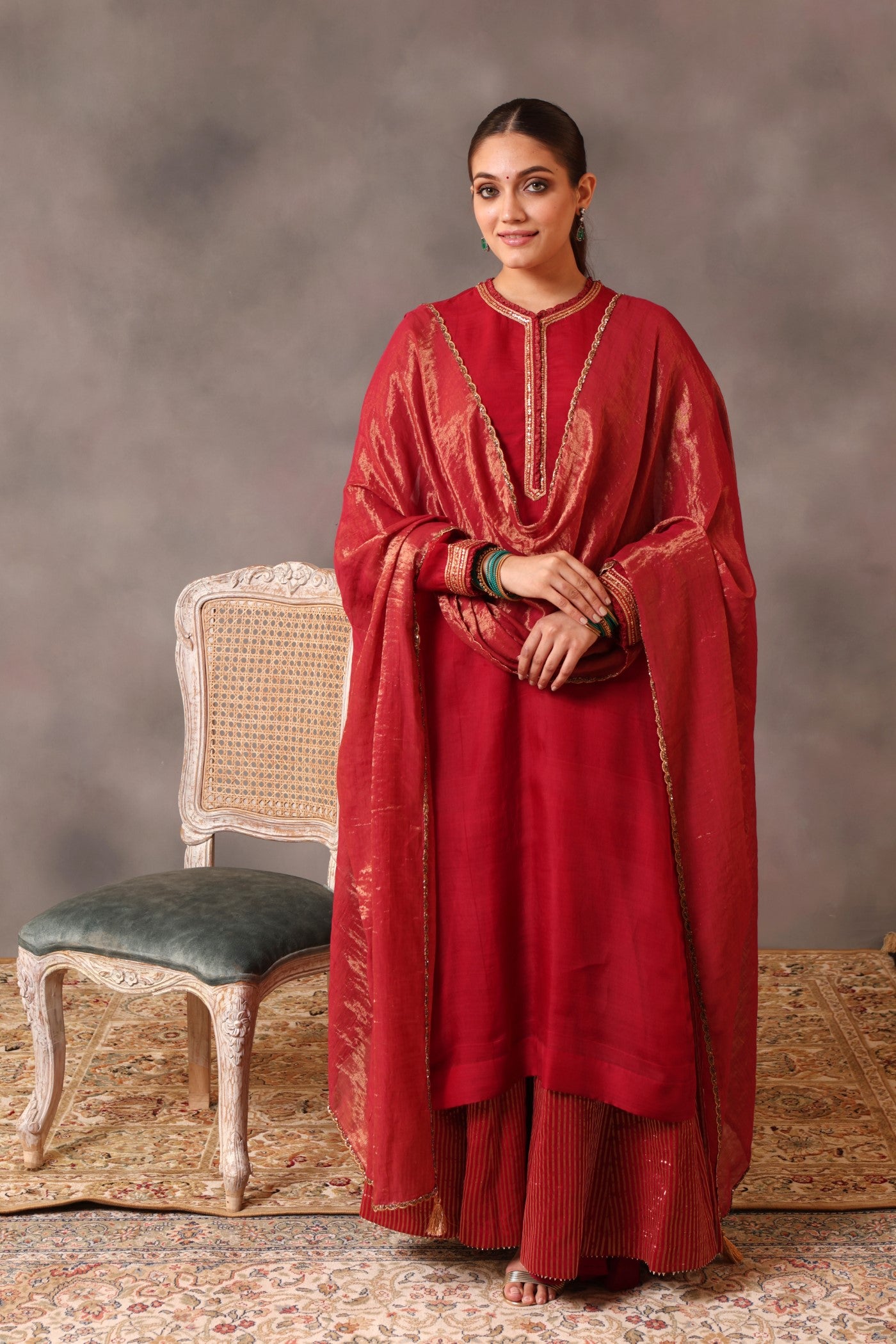 Hand Embroidered Maroon Pure Katan Silk Kurta Sharara Set