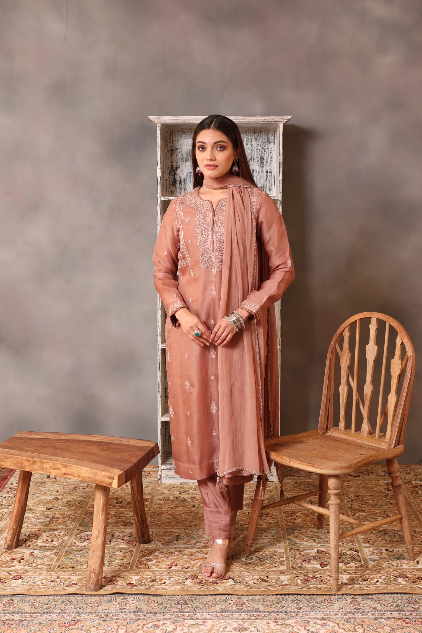 Hand Embroidered Rose Brown Pure Silk Organza Kurta Pants Set