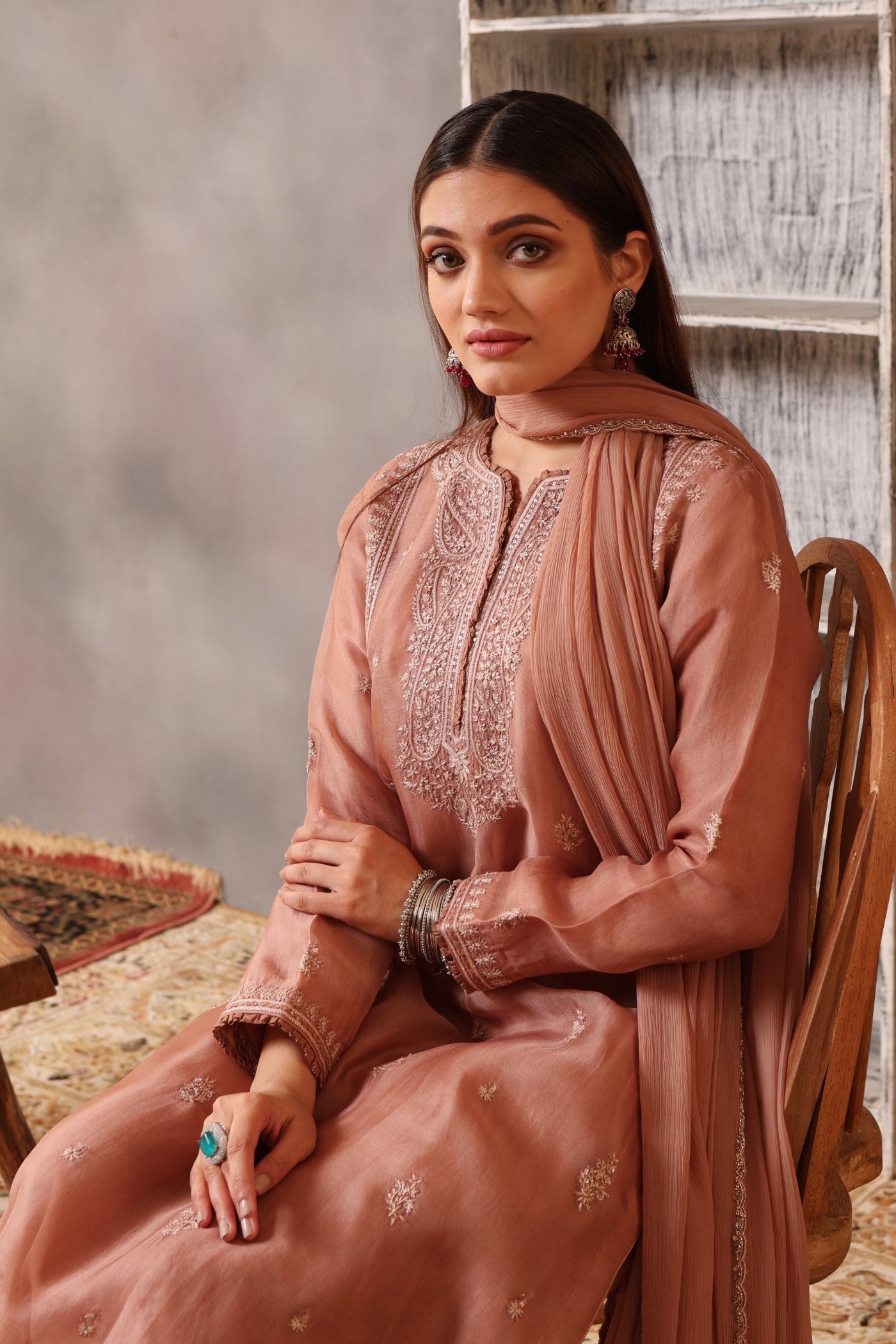 Hand Embroidered Rose Brown Pure Silk Organza Kurta Pants Set