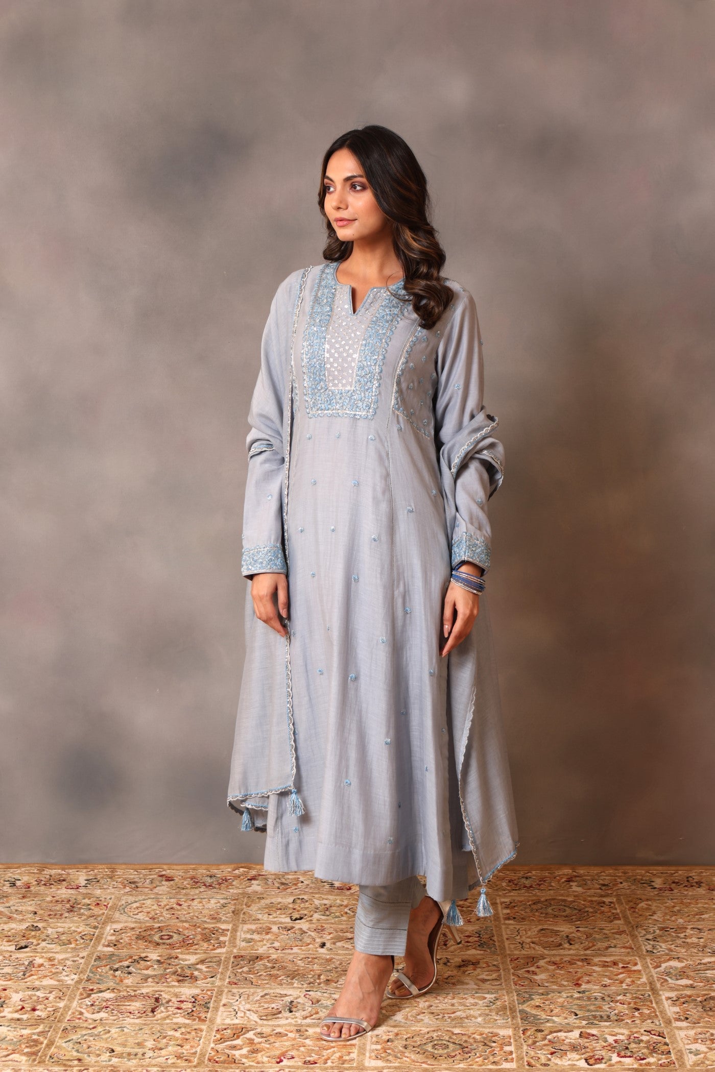 Hand Embroidered Shadow Blue Pure Silk Cotton Kurta Pants Set