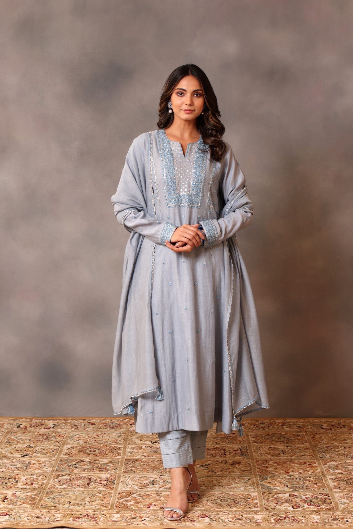 Hand Embroidered Shadow Blue Pure Silk Cotton Kurta Pants Set