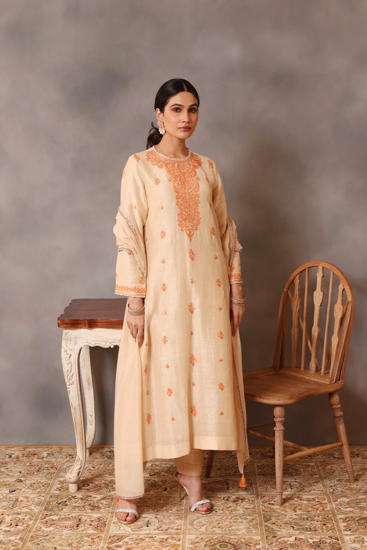 Hand Embroidered Ecru Pure Silk Linen Kurta Pants Set (Orange Embroidery 1)