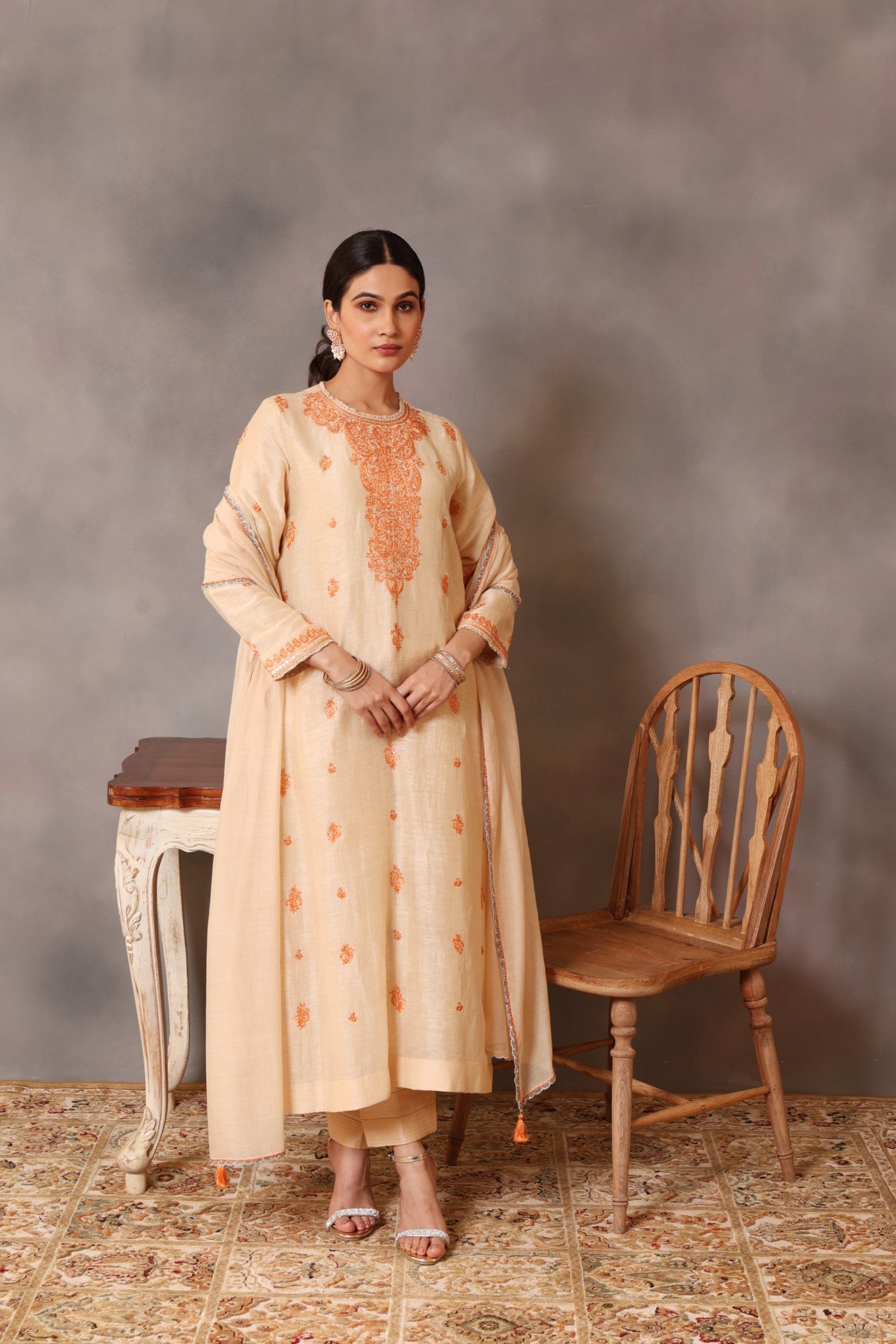 Hand Embroidered Ecru Pure Silk Linen Kurta Pants Set (Orange Embroidery 1)