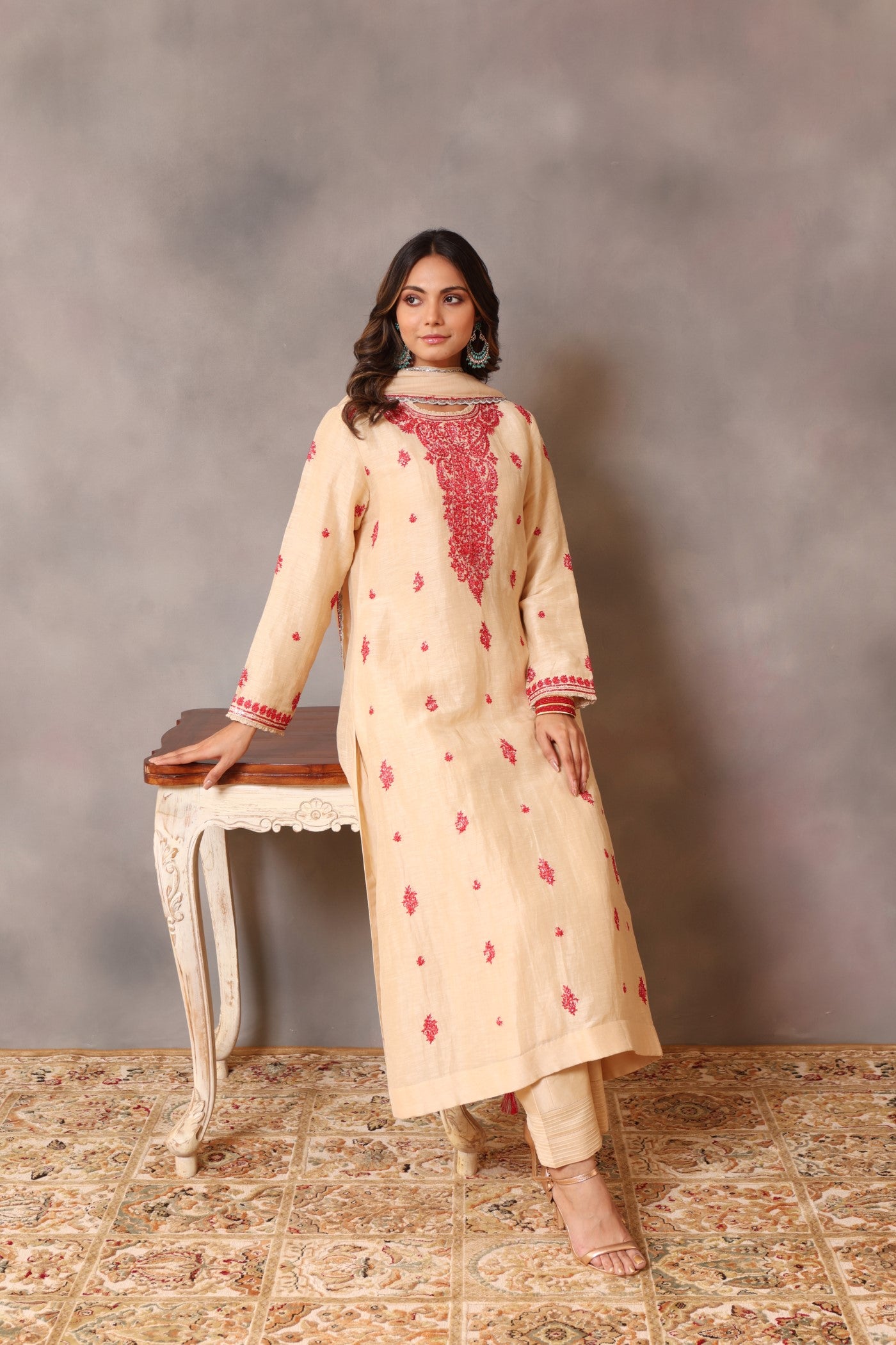 Hand Embroidered Ecru Pure Silk Linen Kurta Pants Set (Red Embroidery 2)