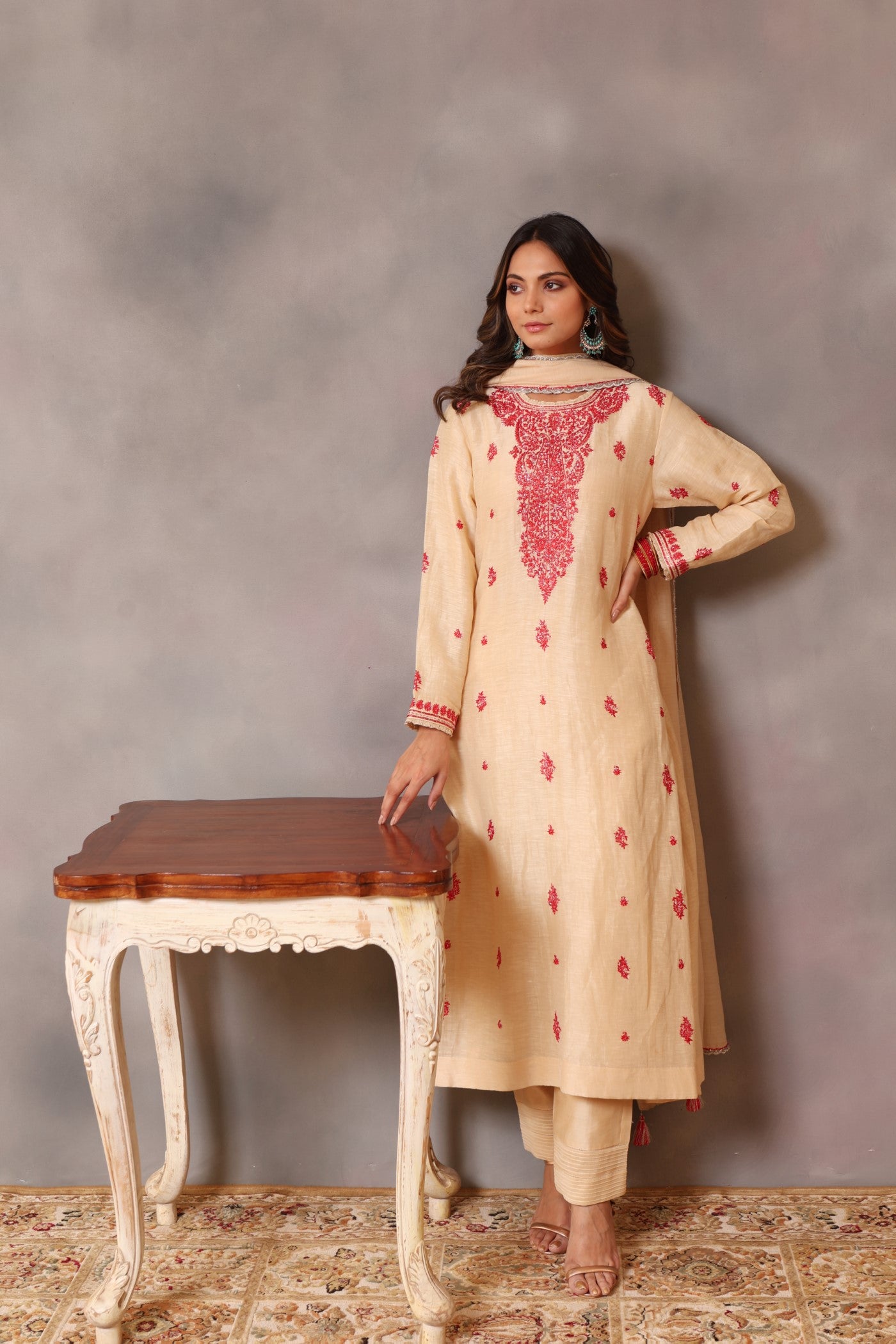 Hand Embroidered Ecru Pure Silk Linen Kurta Pants Set (Red Embroidery 2)