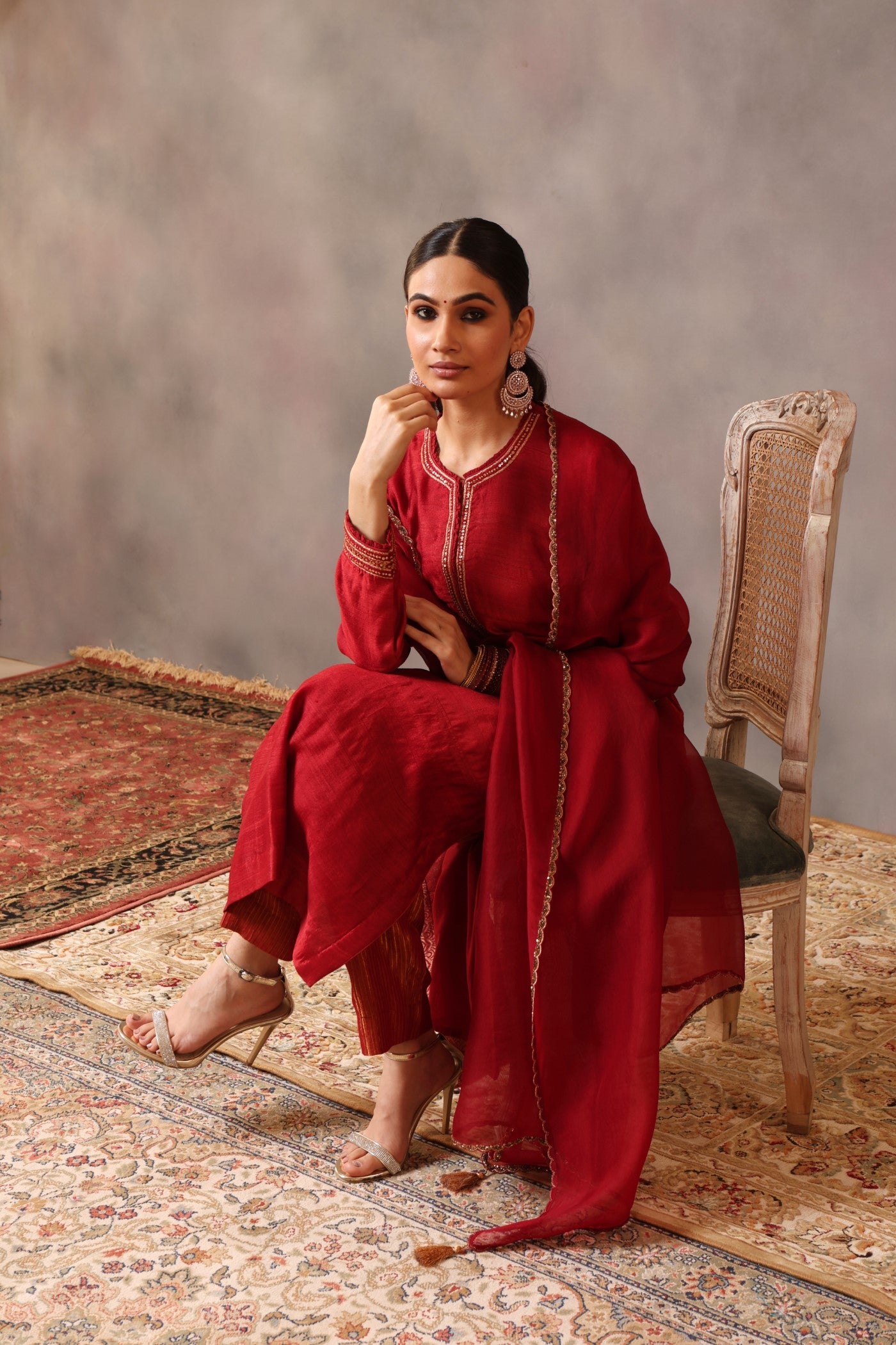 Hand Embroidered Haute Red Pure Tussar Georgette Kurta Pants Set