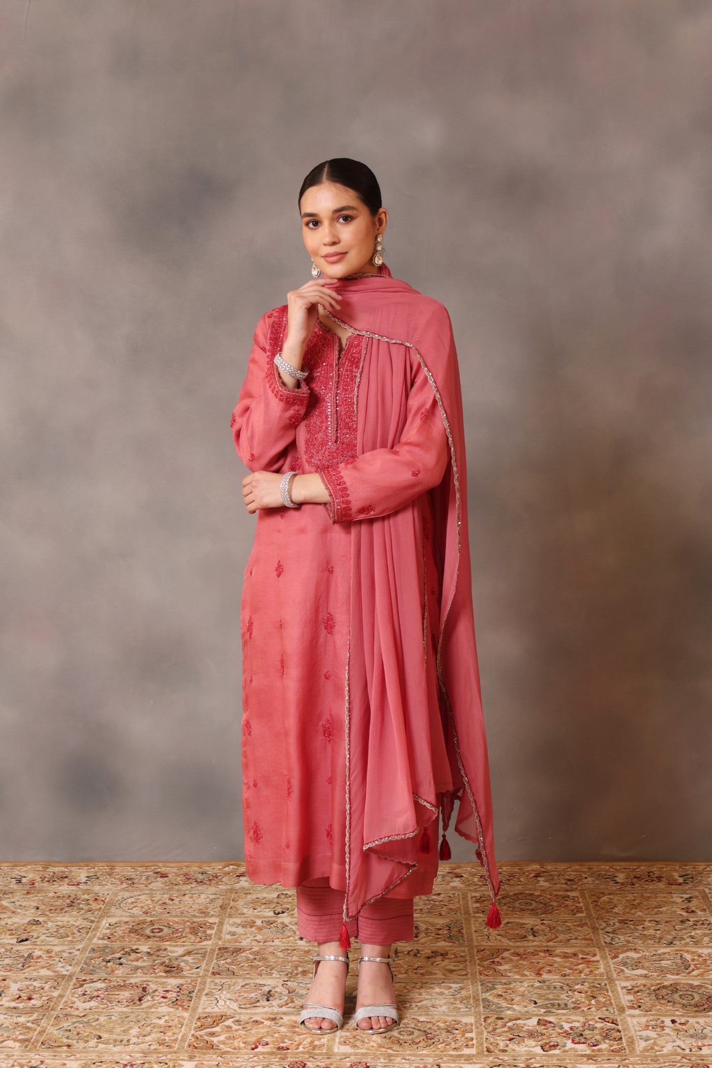 Hand Embroidered Rapture Rose Pure Silk Organza Kurta Pants Set