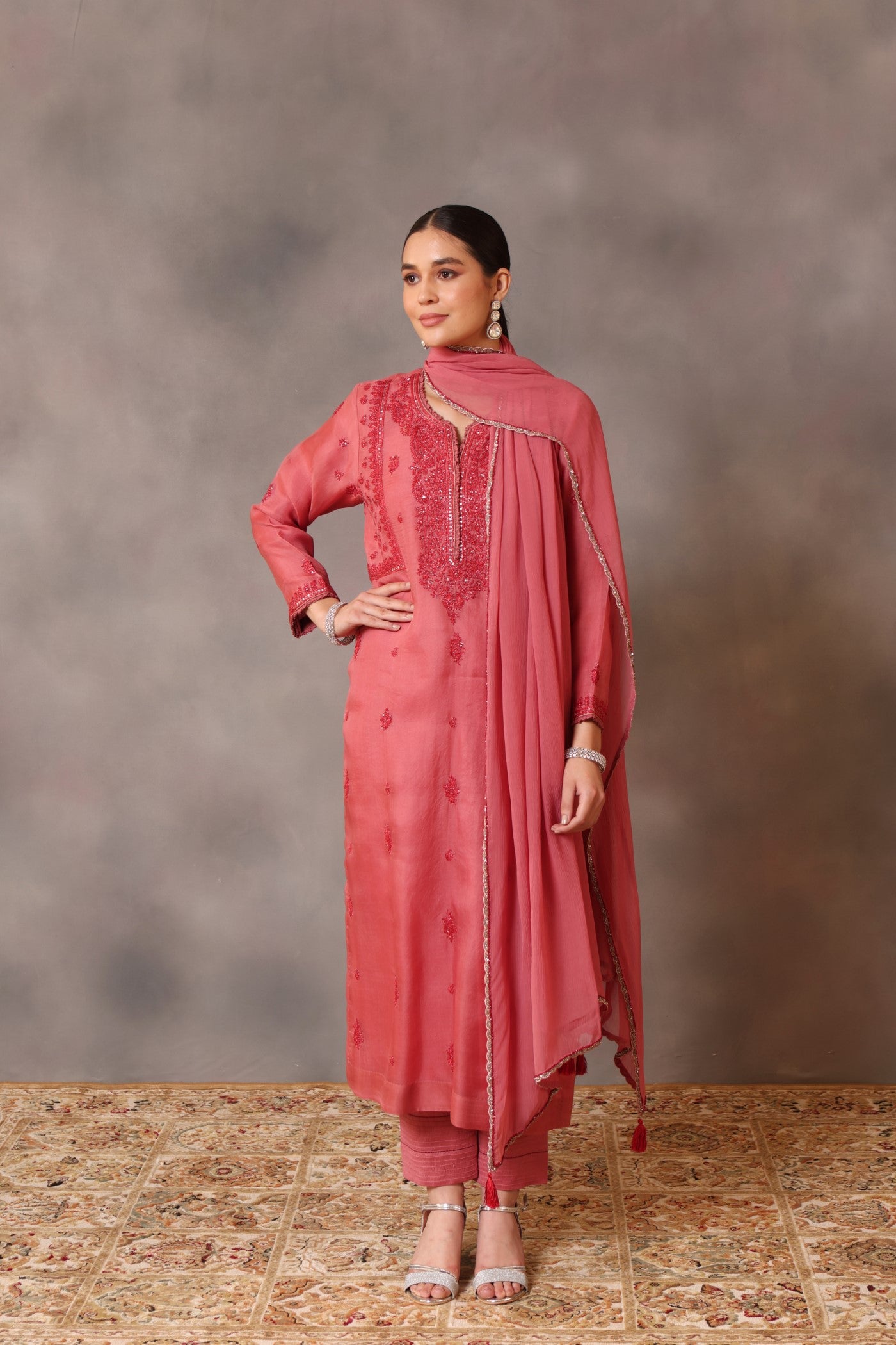 Hand Embroidered Rapture Rose Pure Silk Organza Kurta Pants Set