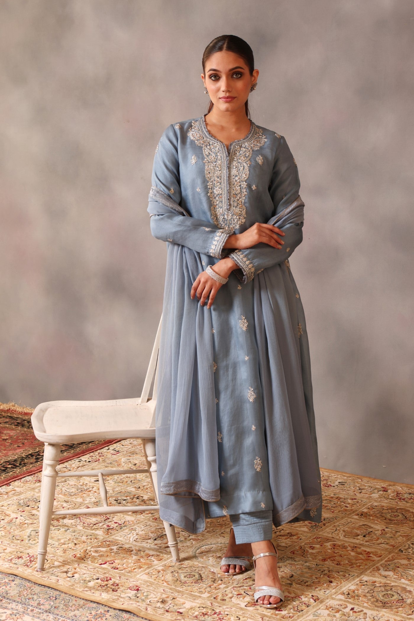 Hand Embroidered Airy Blue Pure Silk Organza Kurta Pants Set