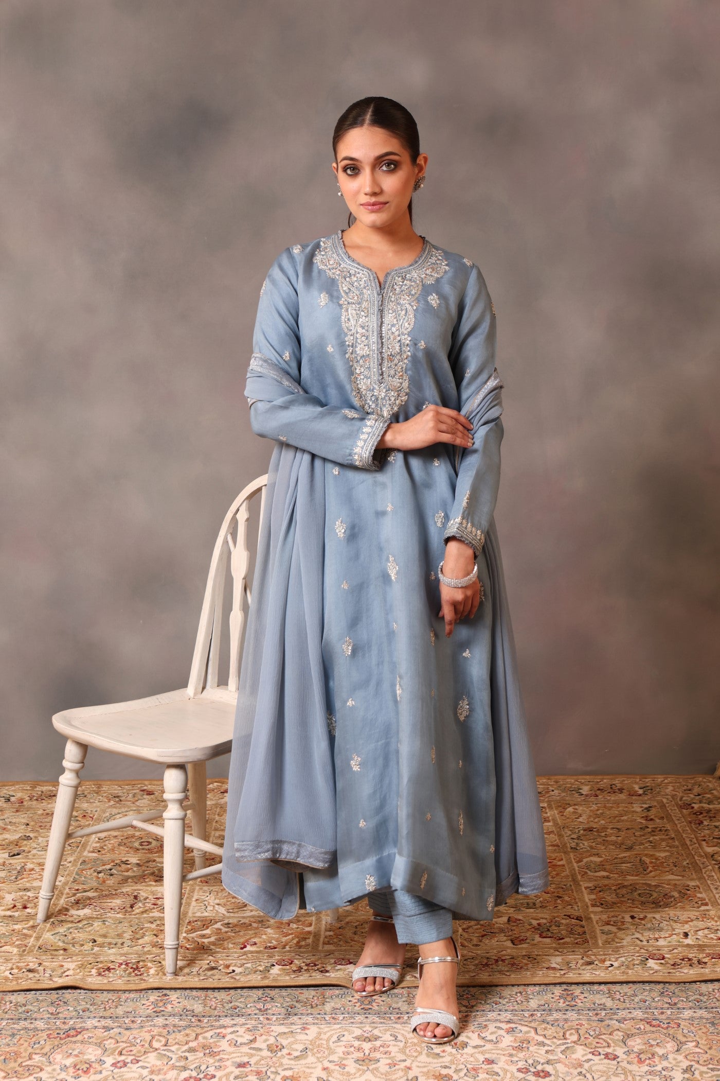 Hand Embroidered Airy Blue Pure Silk Organza Kurta Pants Set