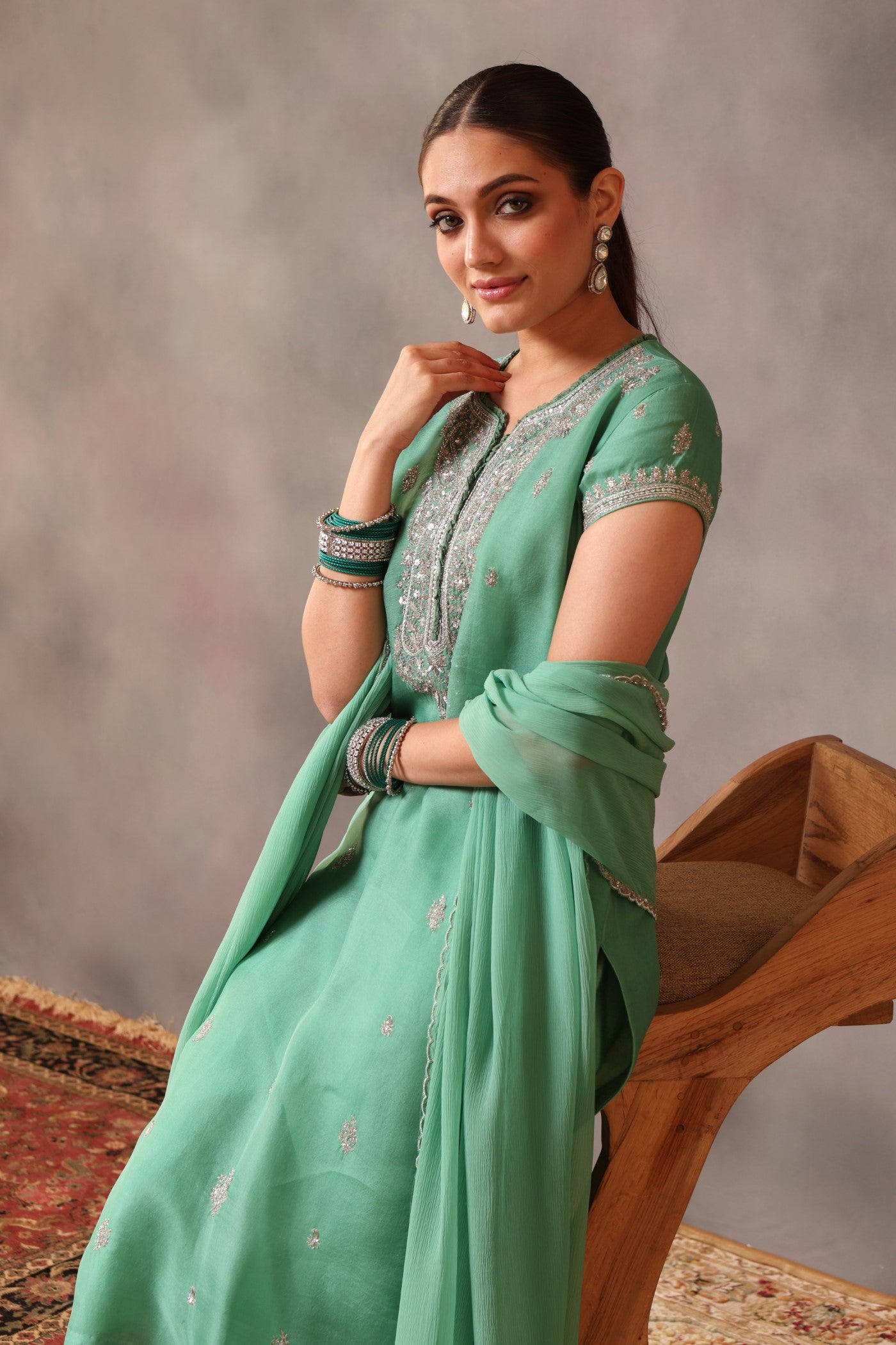 Hand Embroidered Spearmint Green Pure Silk Organza Kurta Pants Set