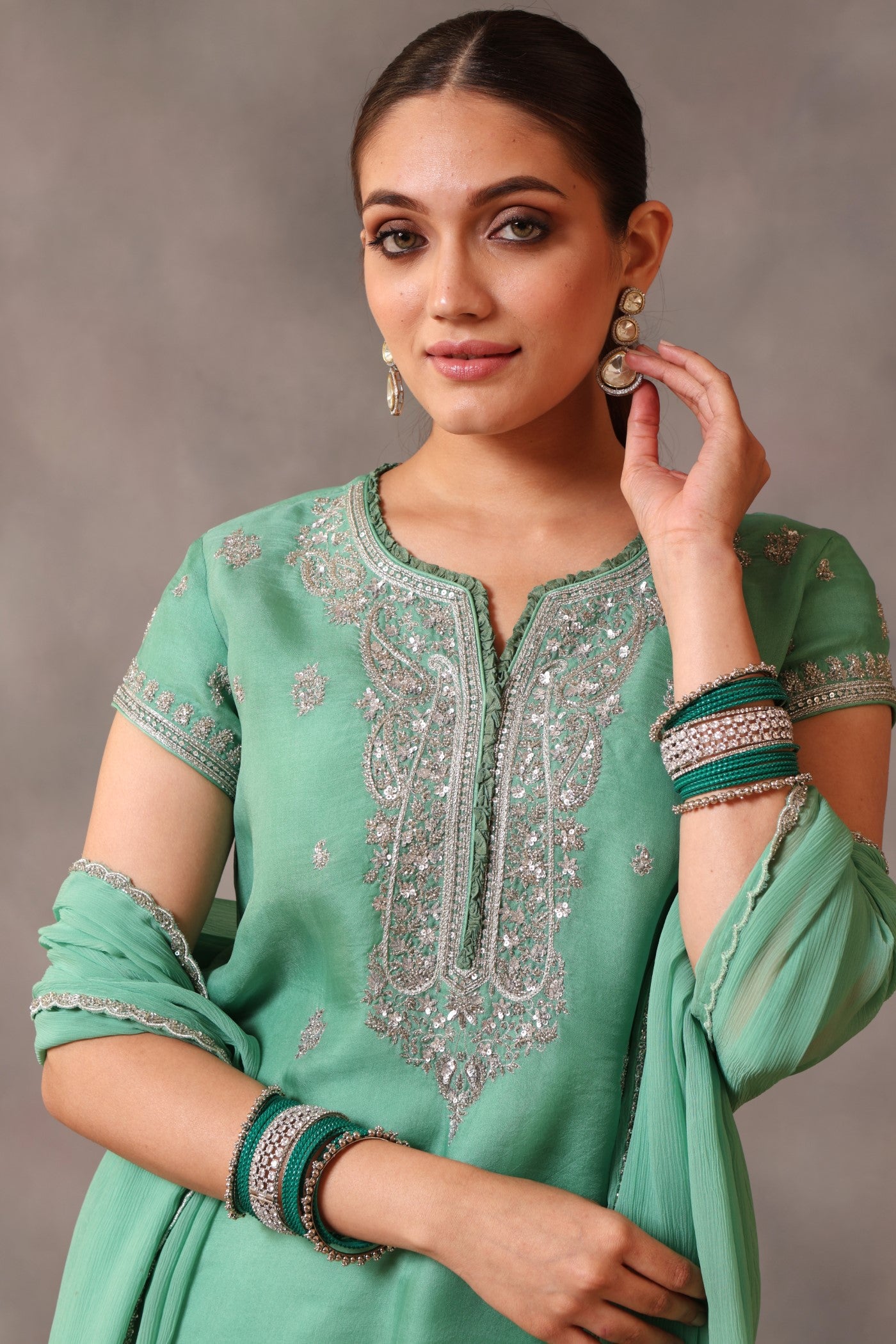 Hand Embroidered Spearmint Green Pure Silk Organza Kurta Pants Set