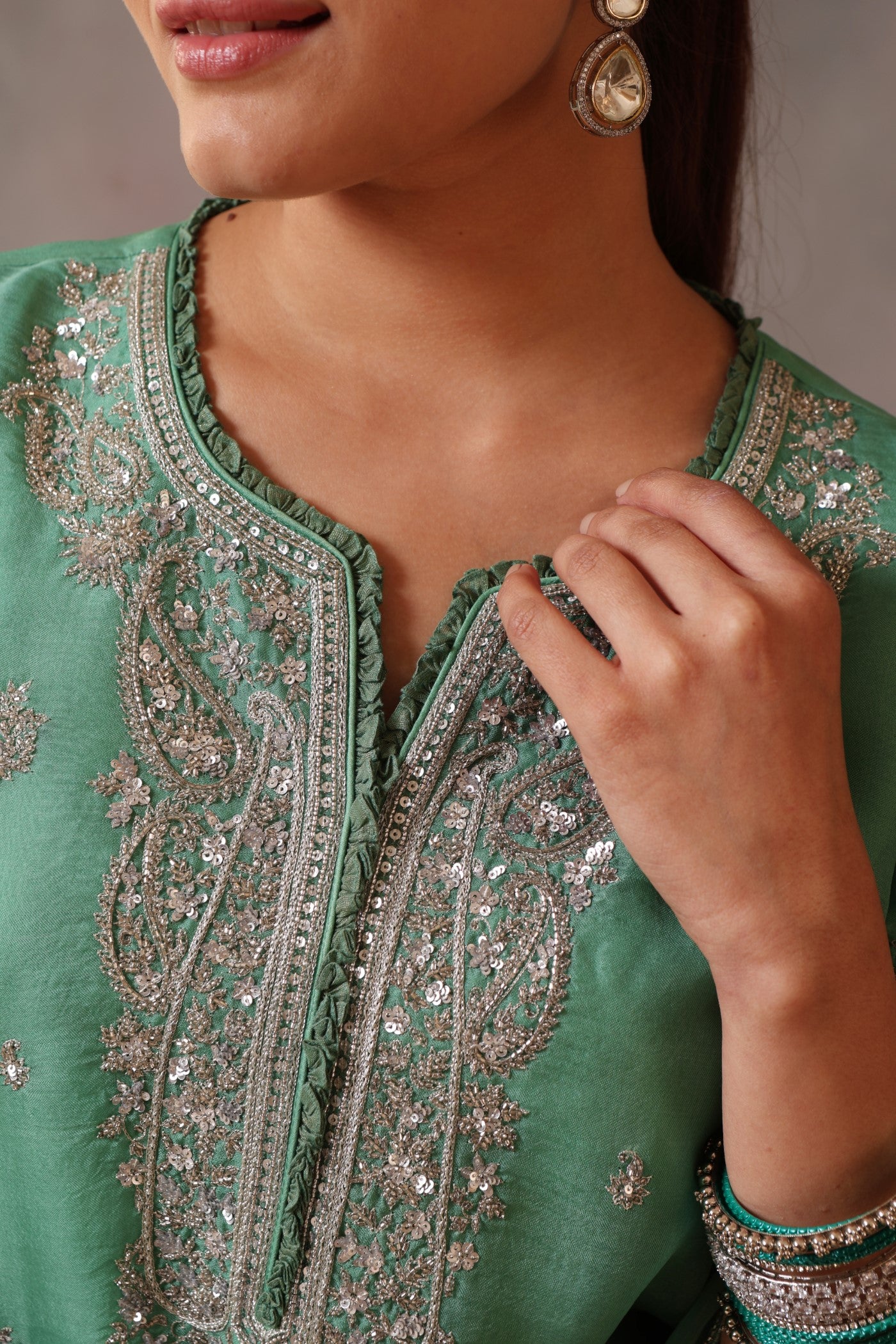 Hand Embroidered Spearmint Green Pure Silk Organza Kurta Pants Set
