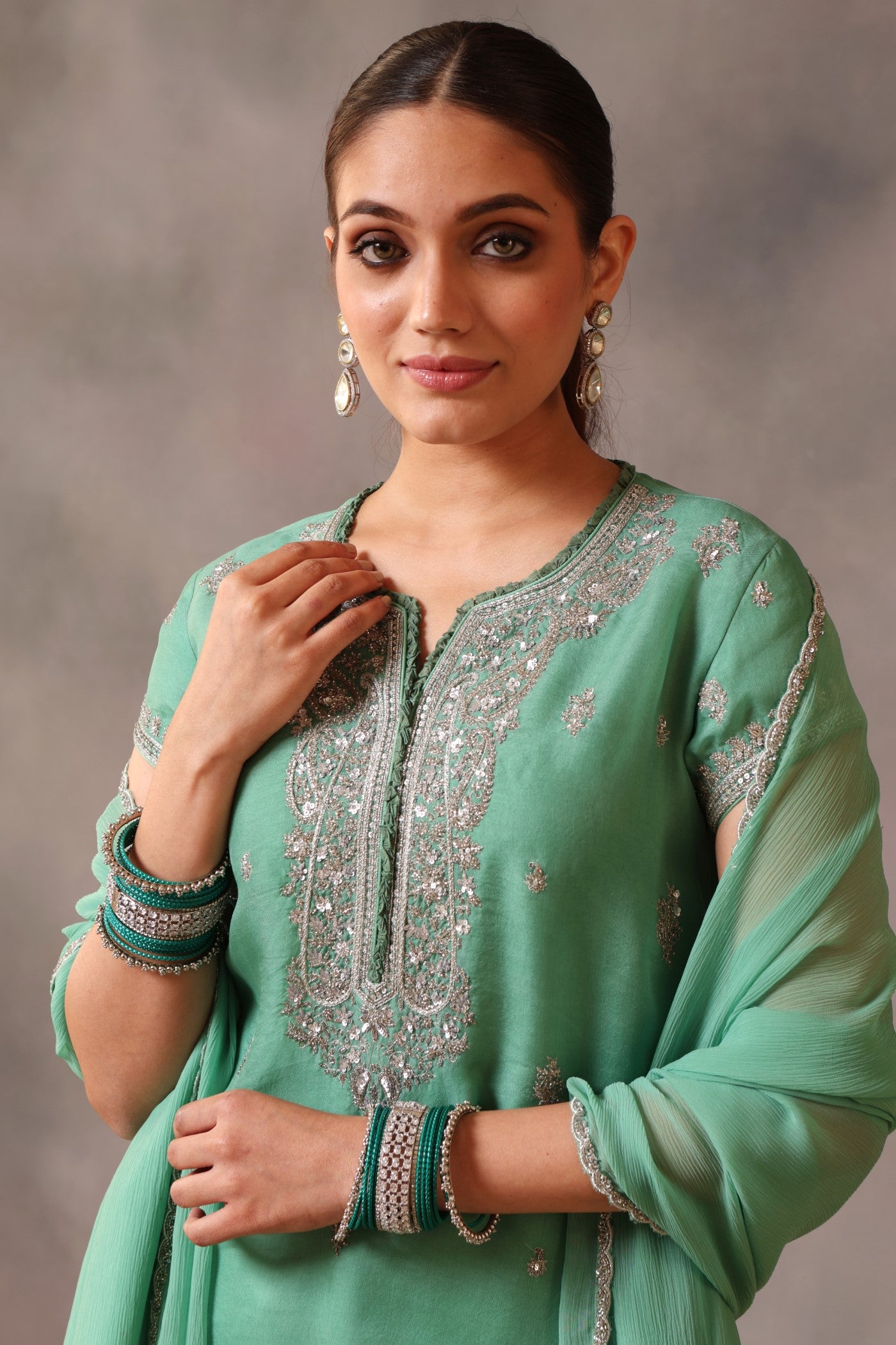 Hand Embroidered Spearmint Green Pure Silk Organza Kurta Pants Set