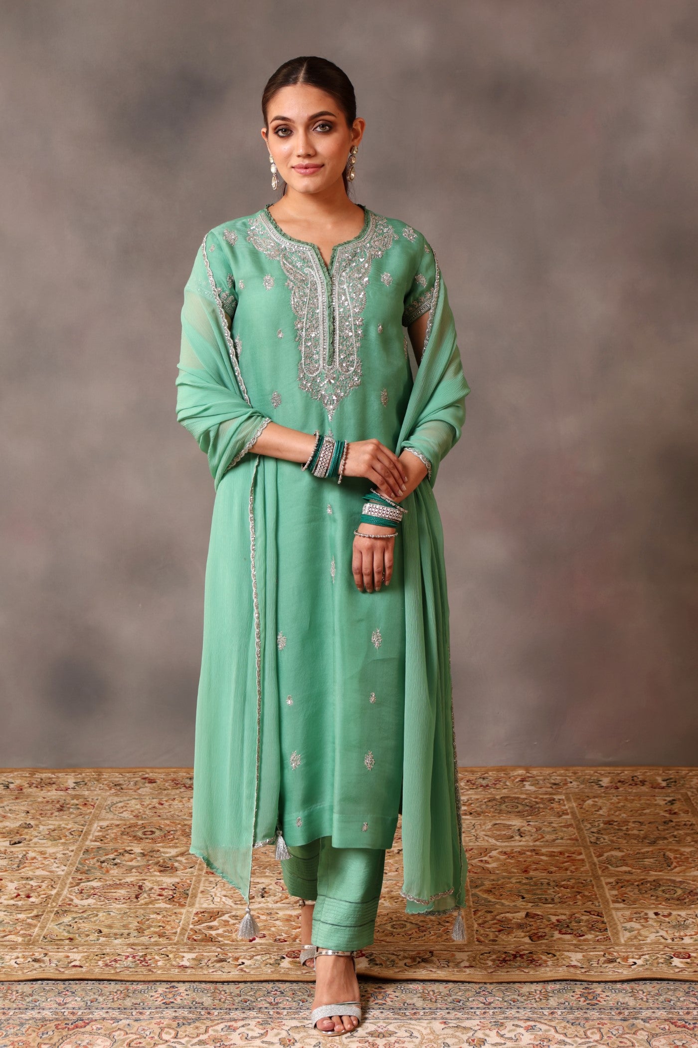 Hand Embroidered Spearmint Green Pure Silk Organza Kurta Pants Set