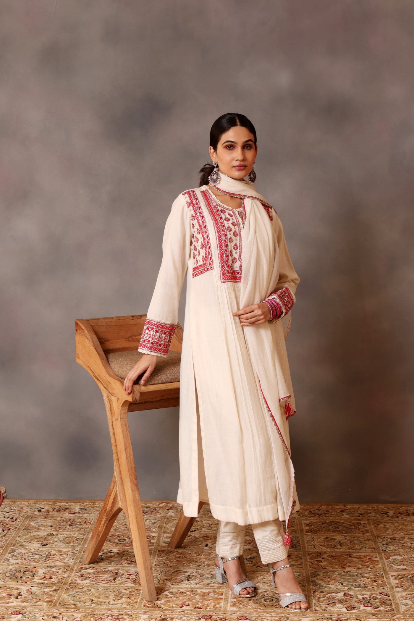 Hand Embroidered Ivory Pure Cotton Silk Kurta Pants Set