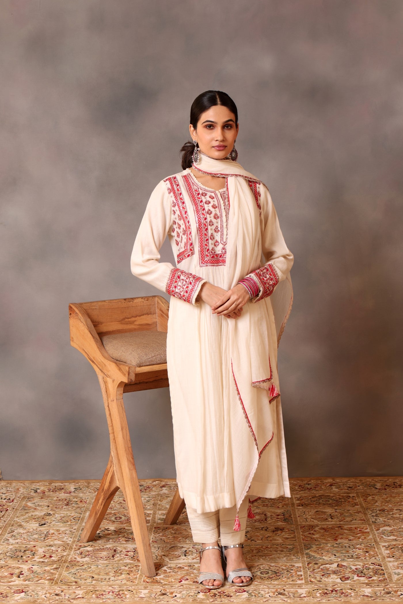 Hand Embroidered Ivory Pure Cotton Silk Kurta Pants Set