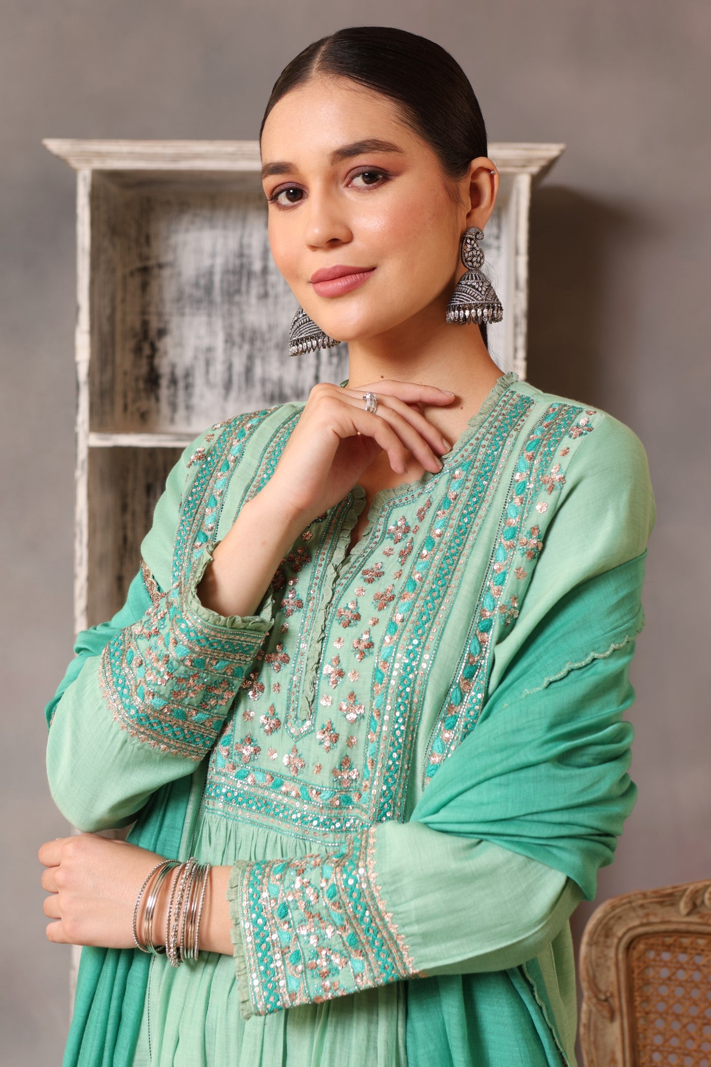 Hand Embroidered Neptune Green Pure Cotton Silk Kurta Pants Set