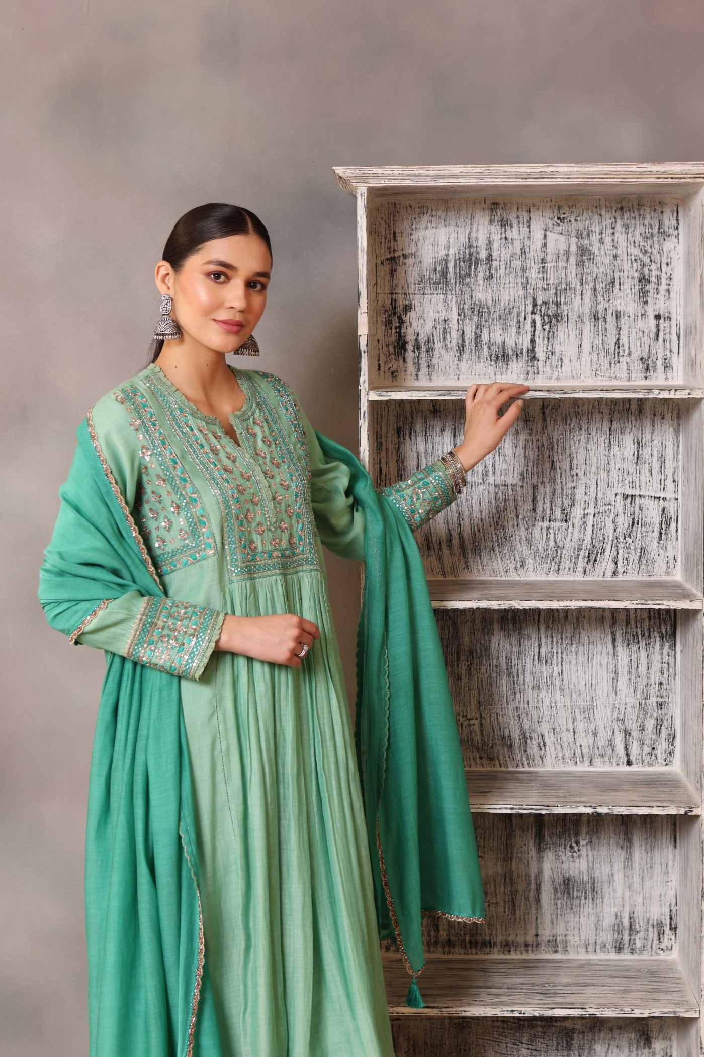 Hand Embroidered Neptune Green Pure Cotton Silk Kurta Pants Set