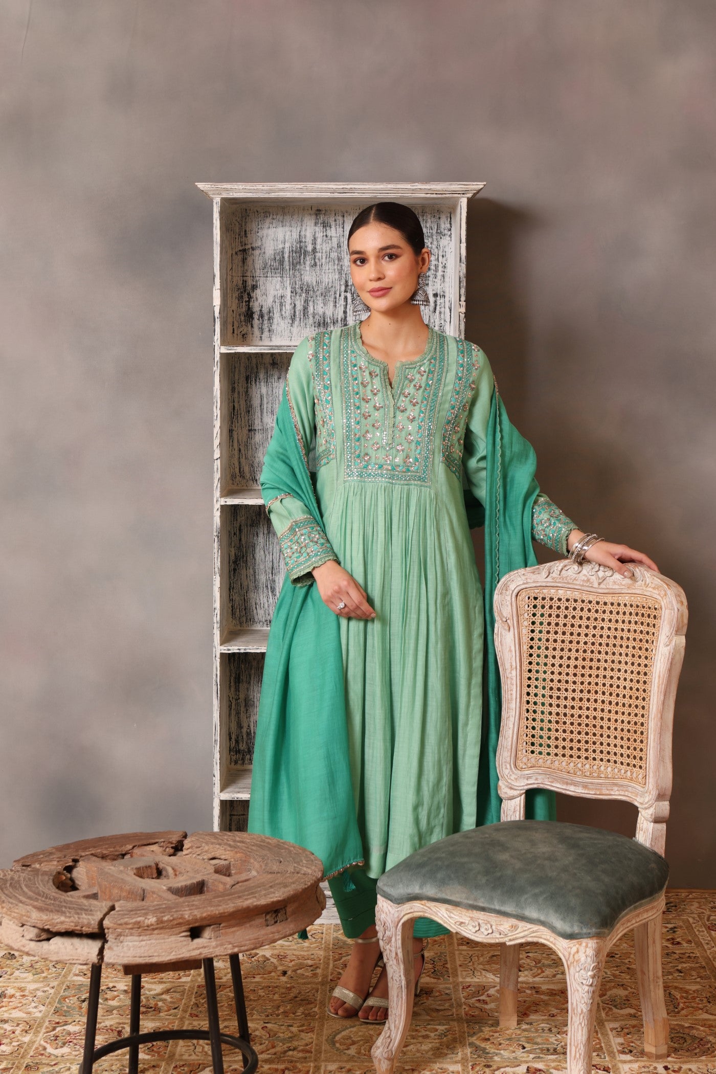 Hand Embroidered Neptune Green Pure Cotton Silk Kurta Pants Set