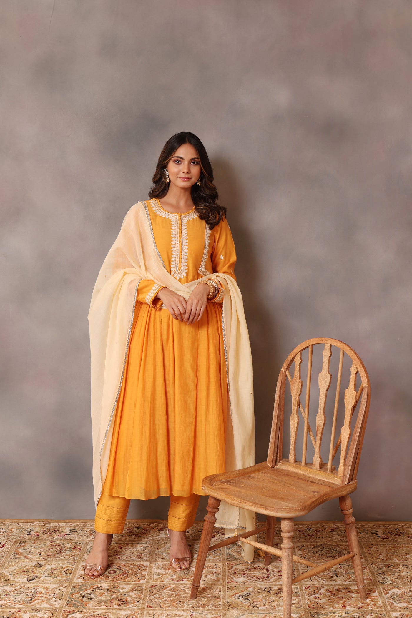 Hand Embroidered Mango Yellow Pure Cotton Silk Kurta Pants Set