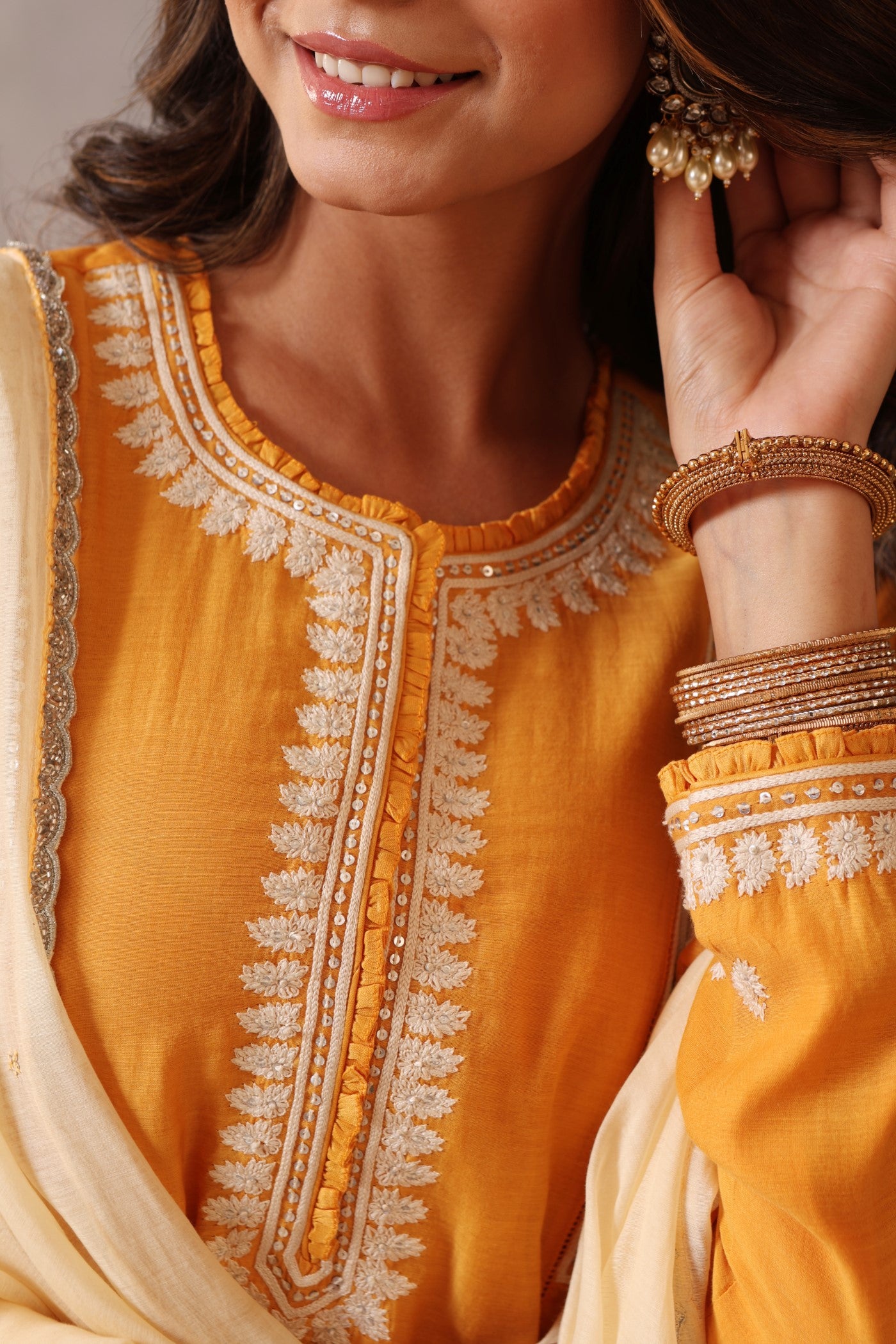 Hand Embroidered Mango Yellow Pure Cotton Silk Kurta Pants Set