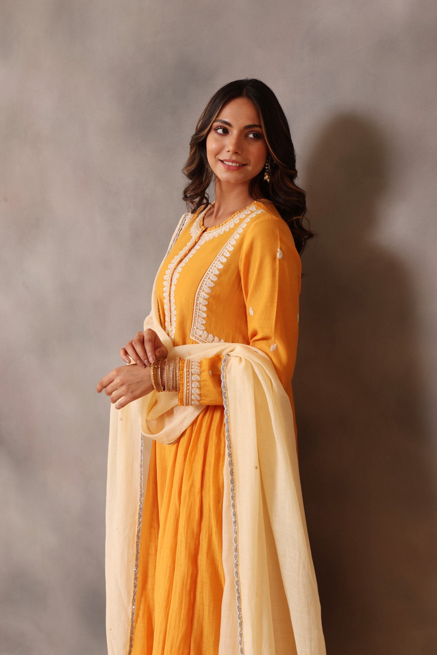Hand Embroidered Mango Yellow Pure Cotton Silk Kurta Pants Set