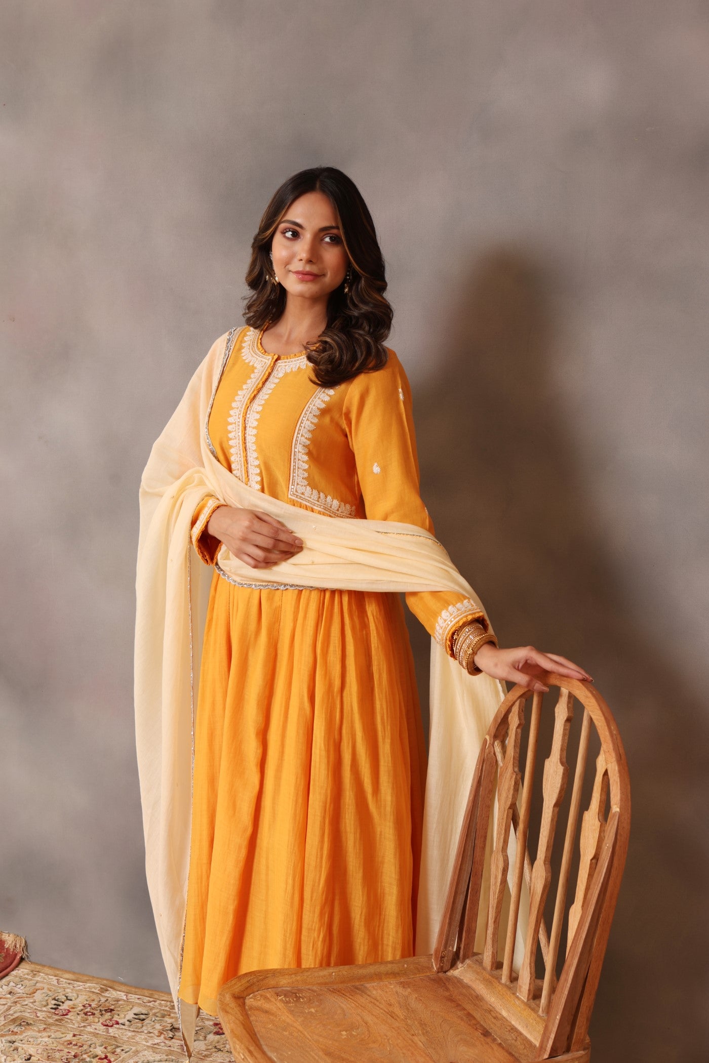 Hand Embroidered Mango Yellow Pure Cotton Silk Kurta Pants Set