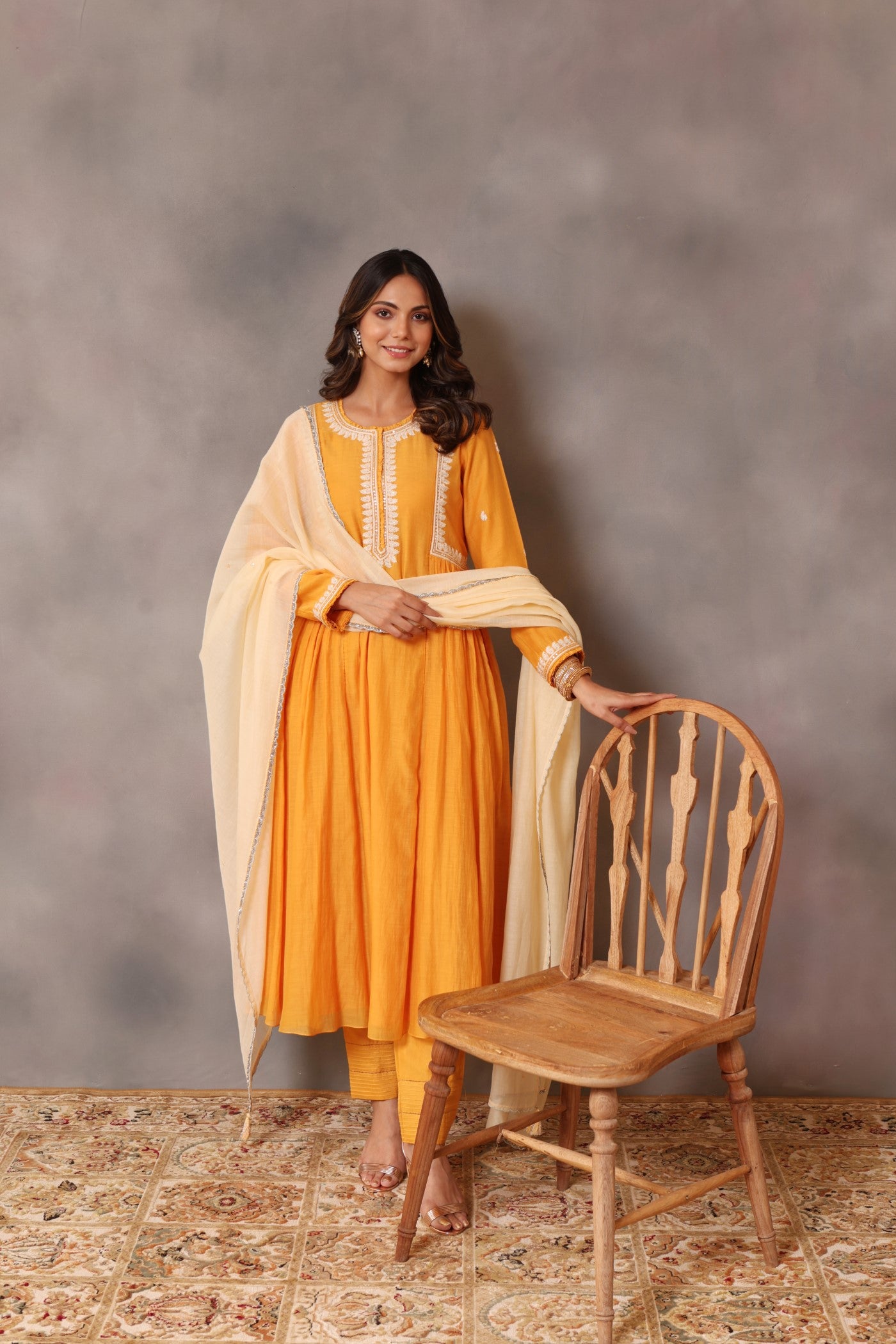 Hand Embroidered Mango Yellow Pure Cotton Silk Kurta Pants Set