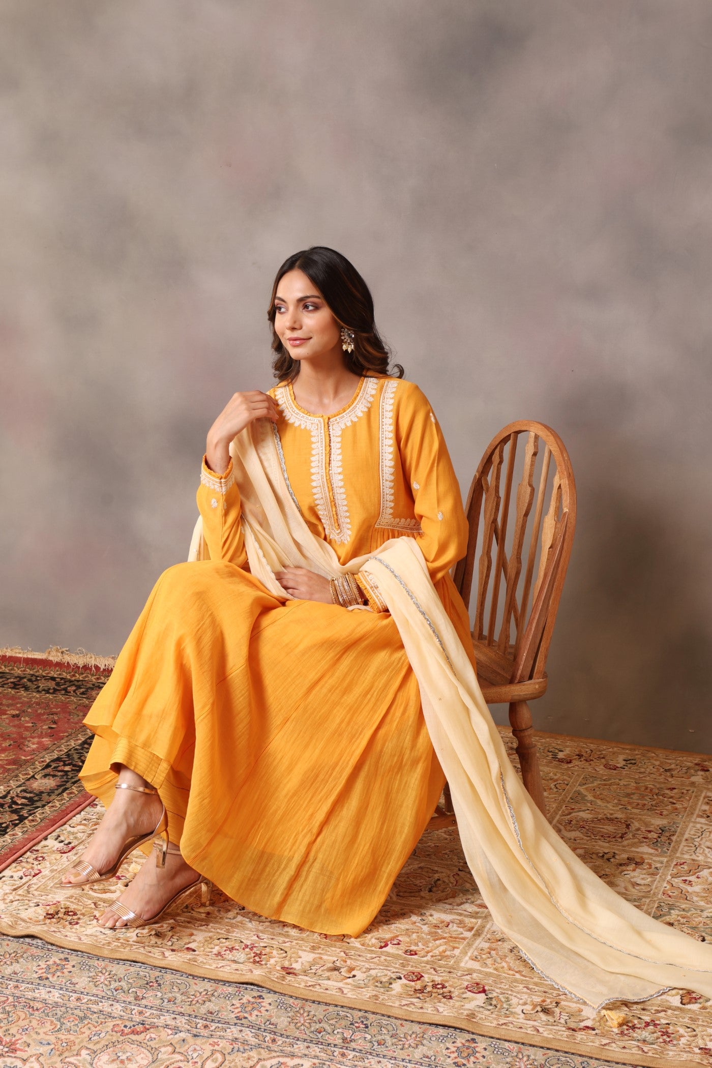 Hand Embroidered Mango Yellow Pure Cotton Silk Kurta Pants Set