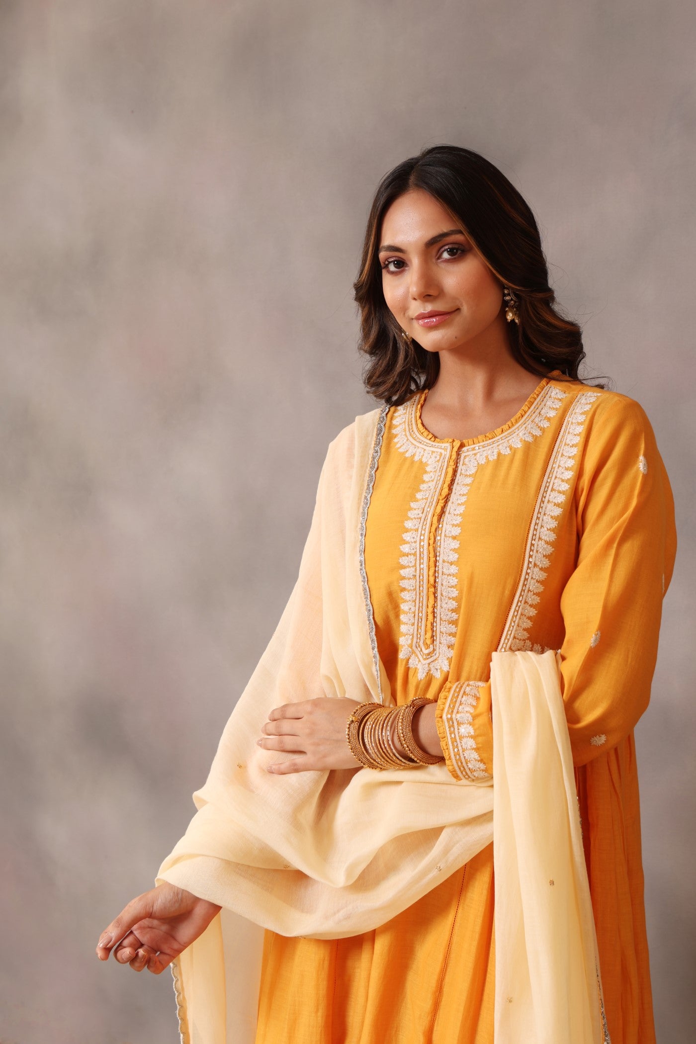 Hand Embroidered Mango Yellow Pure Cotton Silk Kurta Pants Set