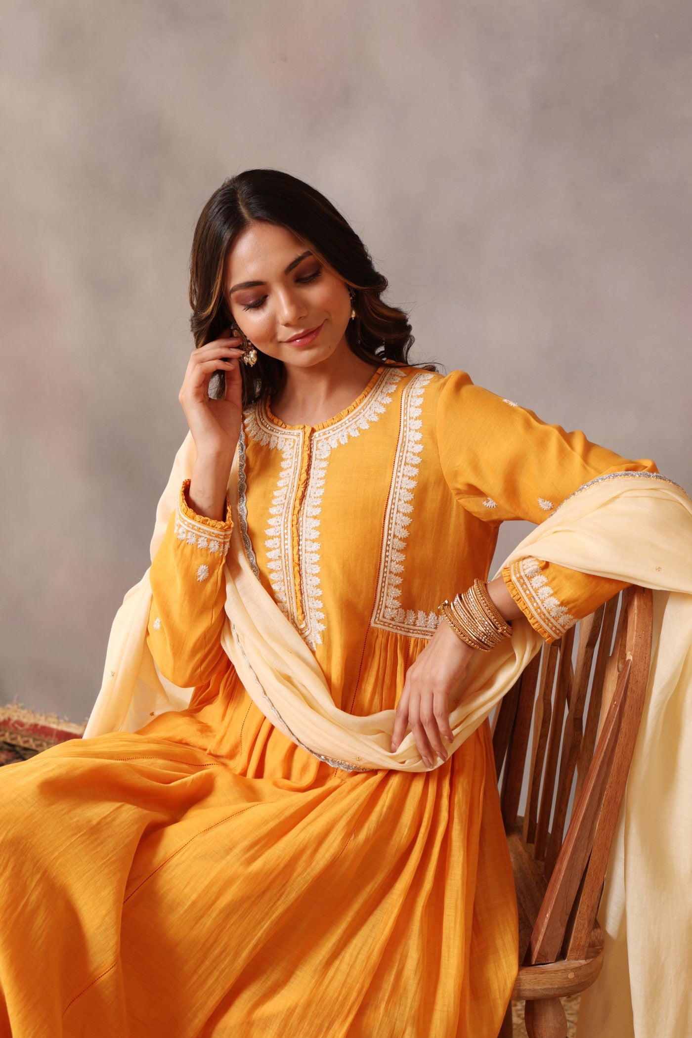 Hand Embroidered Mango Yellow Pure Cotton Silk Kurta Pants Set