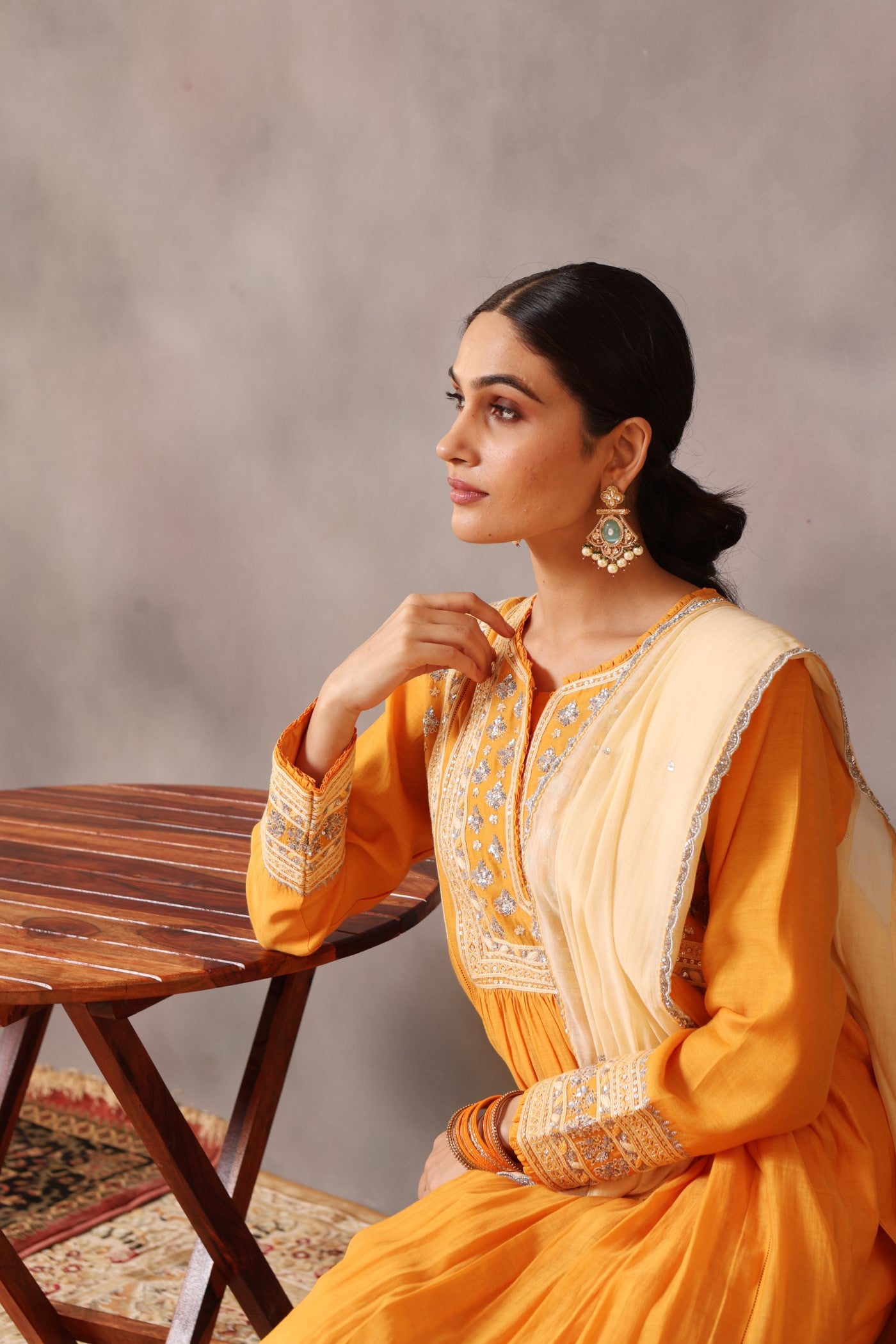 Hand Embroidered Mango Yellow Pure Cotton Silk Kurta Pants Set