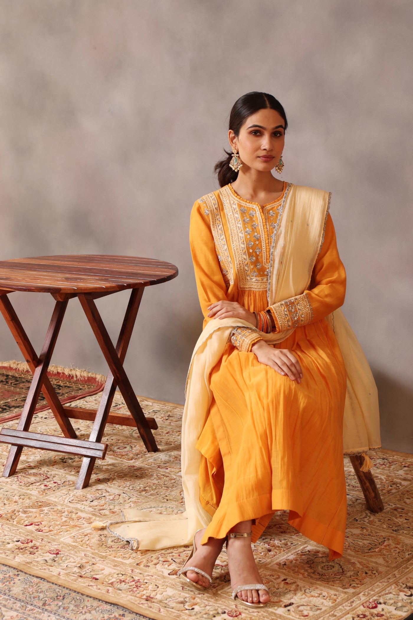 Hand Embroidered Mango Yellow Pure Cotton Silk Kurta Pants Set