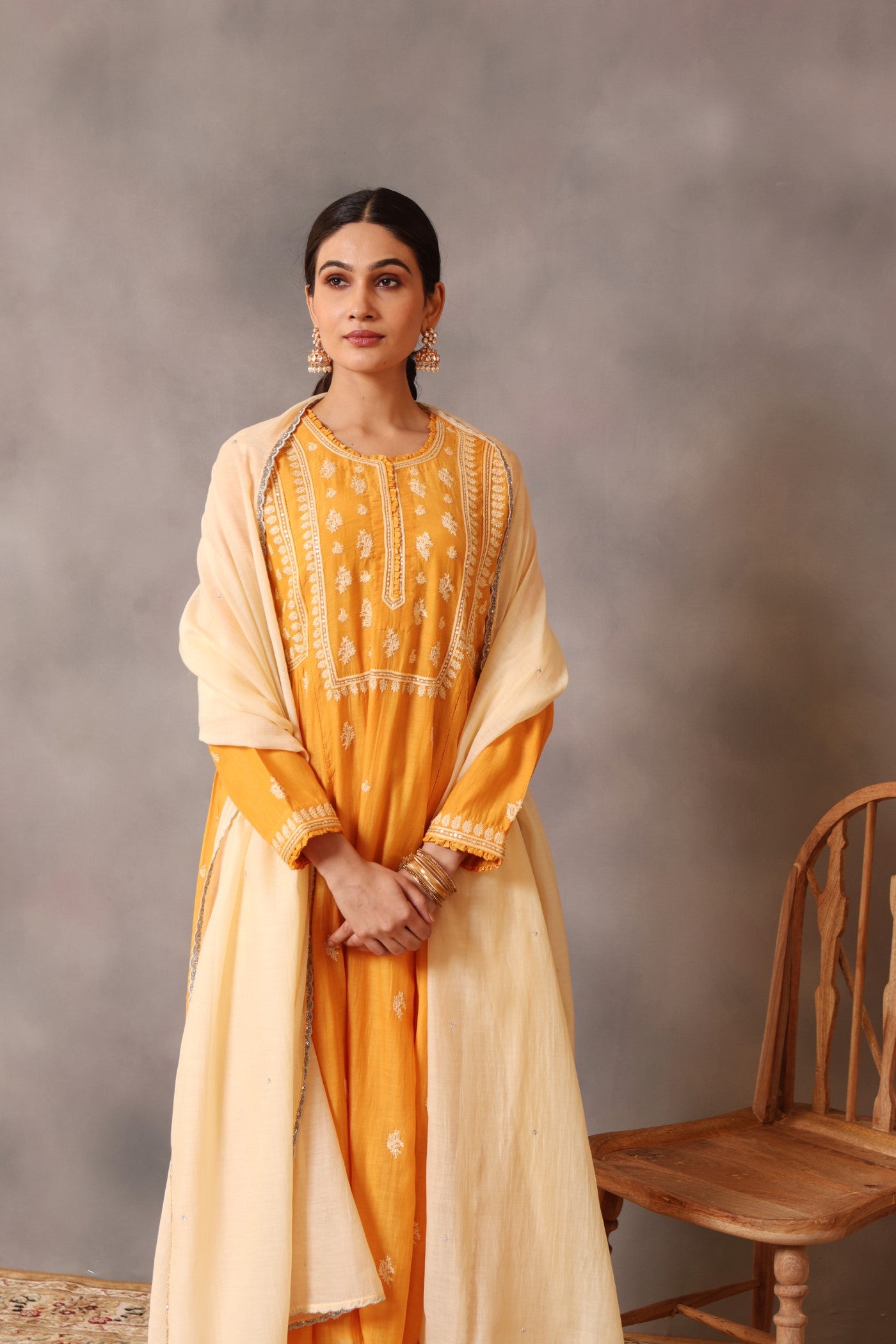 Hand Embroidered Mango Yellow Pure Cotton Silk Kurta Pants Set