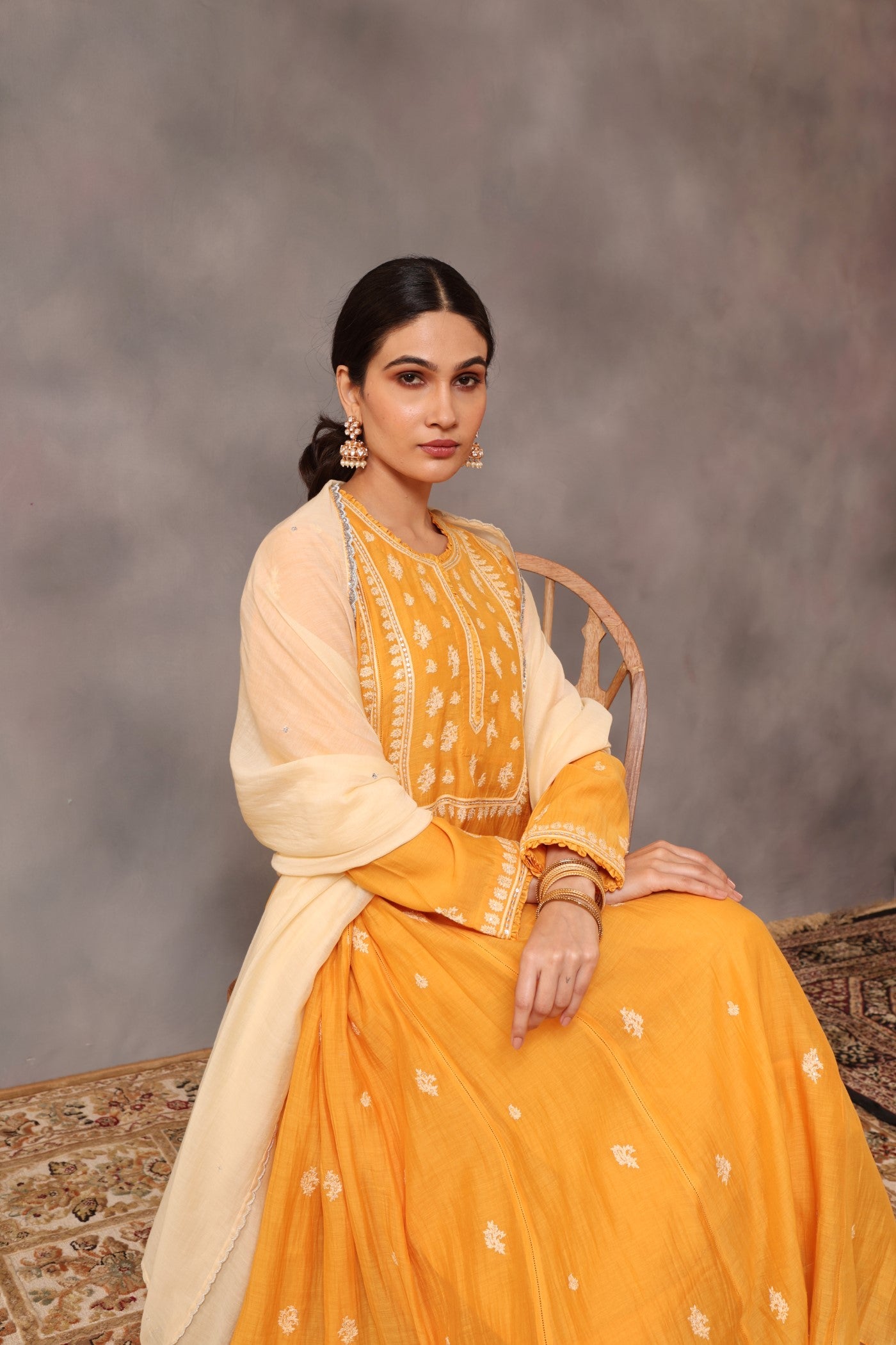 Hand Embroidered Mango Yellow Pure Cotton Silk Kurta Pants Set