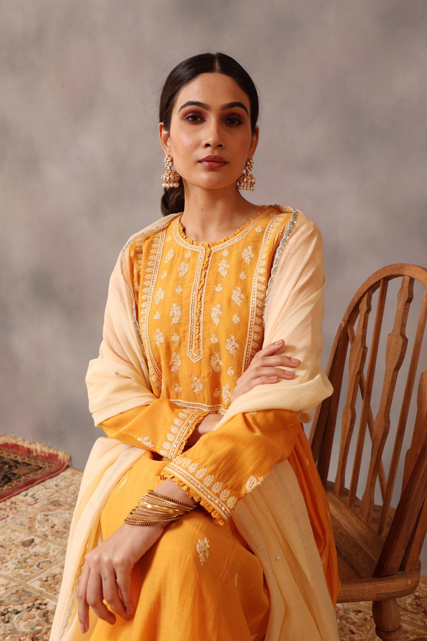 Hand Embroidered Mango Yellow Pure Cotton Silk Kurta Pants Set